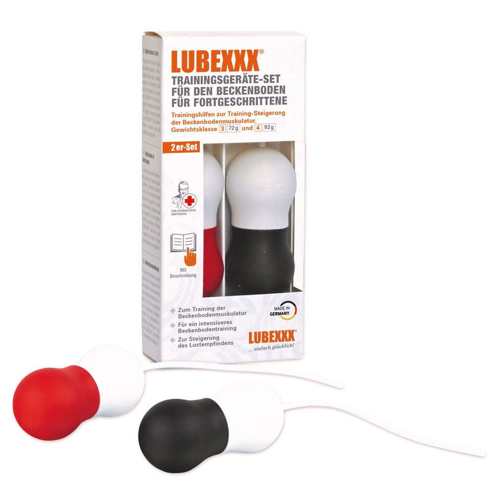 Set LUBEXXX® pour entraînement du plancher pelvien. Deux appareils, rouge/blanc et noir/blanc. Avec notice.