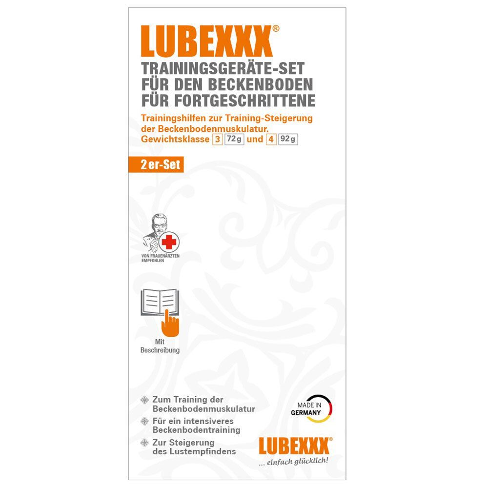 Emballage du set LUBEXXX® pour entraînement du plancher pelvien. Texte: pour débutants. Avec image du produit.