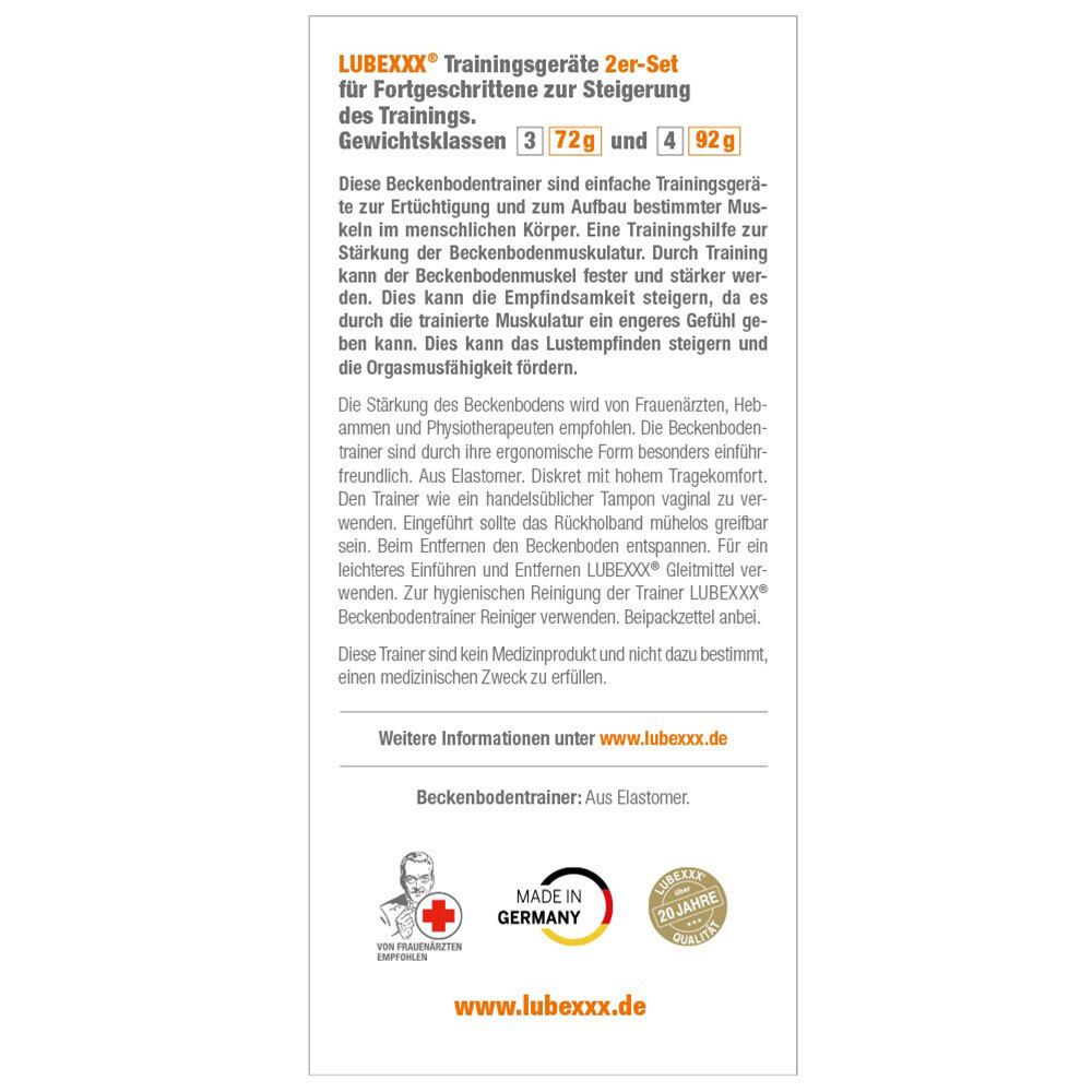 Dos de l'emballage du set LUBEXXX® pour entraînement du plancher pelvien. Texte: informations sur le produit et le fabricant.