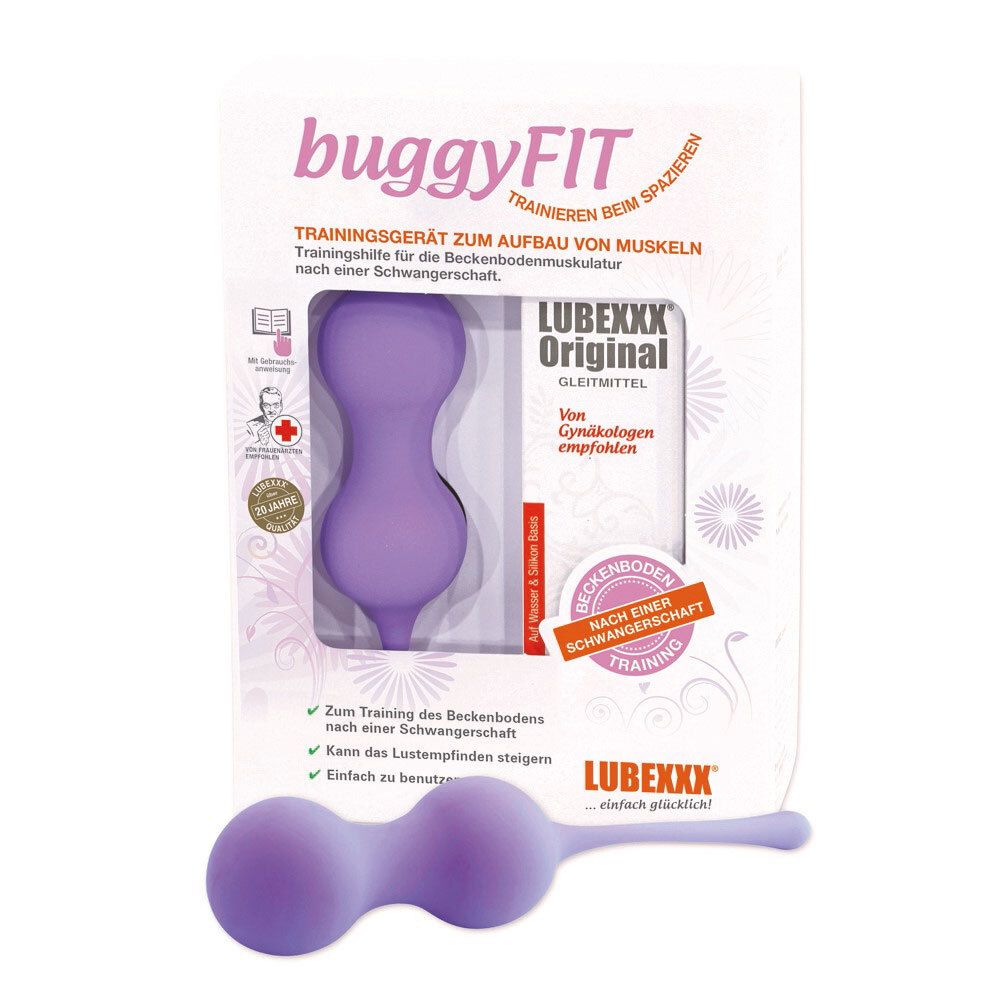Dispositif d'entraînement LUBEXXX® buggyFIT. Violet, en forme de poire. Emballage avec lubrifiant. Recommandé par les gynécologues.