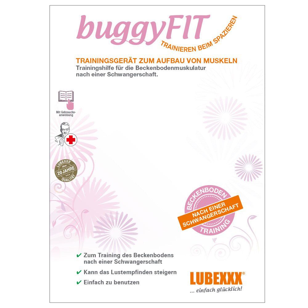 Emballage de LUBEXXX® buggyFIT. Blanc avec des accents roses. Texte: Dispositif d'entraînement pour les muscles du plancher pelvien. Illustrations.