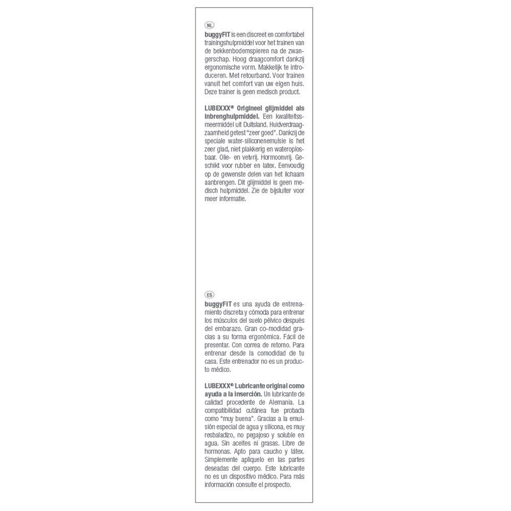 Texte en néerlandais et espagnol. Décrit le lubrifiant LUBEXXX® Original et buggyFIT. Contient des informations sur l'utilisation.