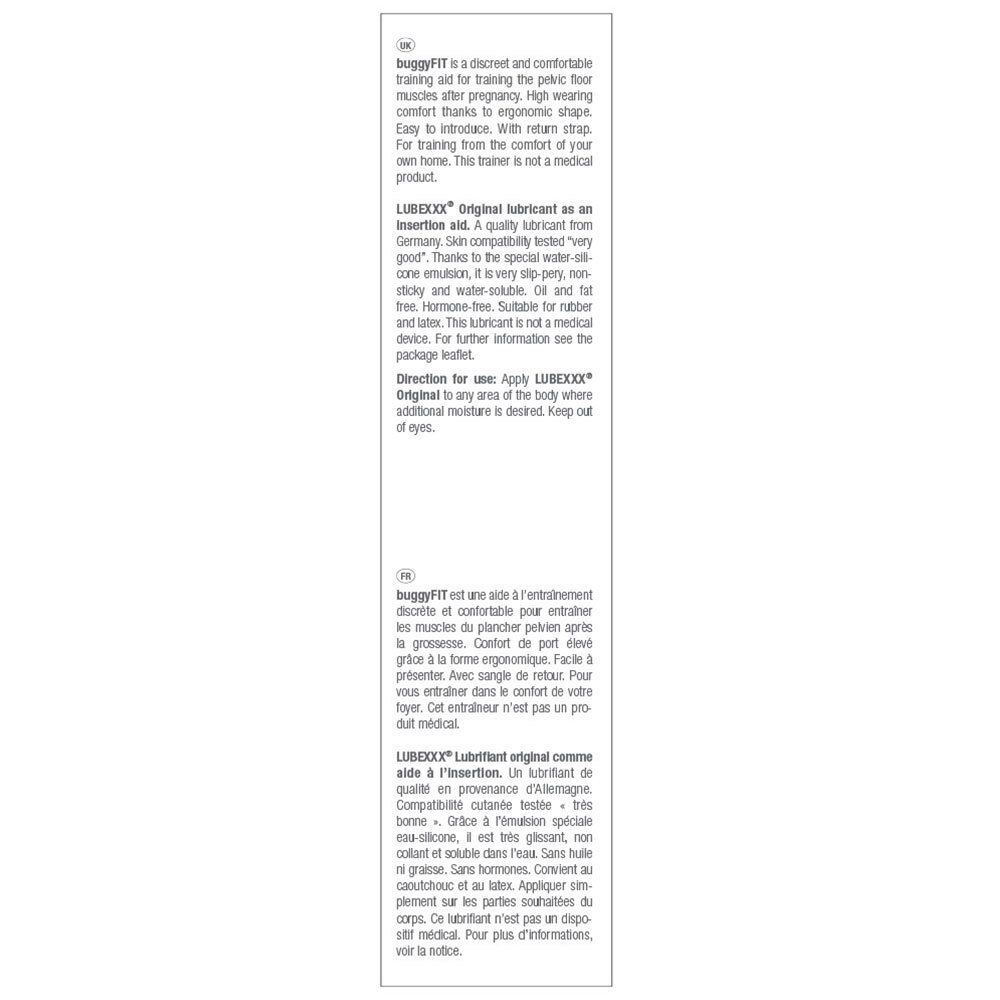 Texte en anglais et français. Décrit le lubrifiant LUBEXXX® Original et buggyFIT. Contient des instructions d'utilisation.