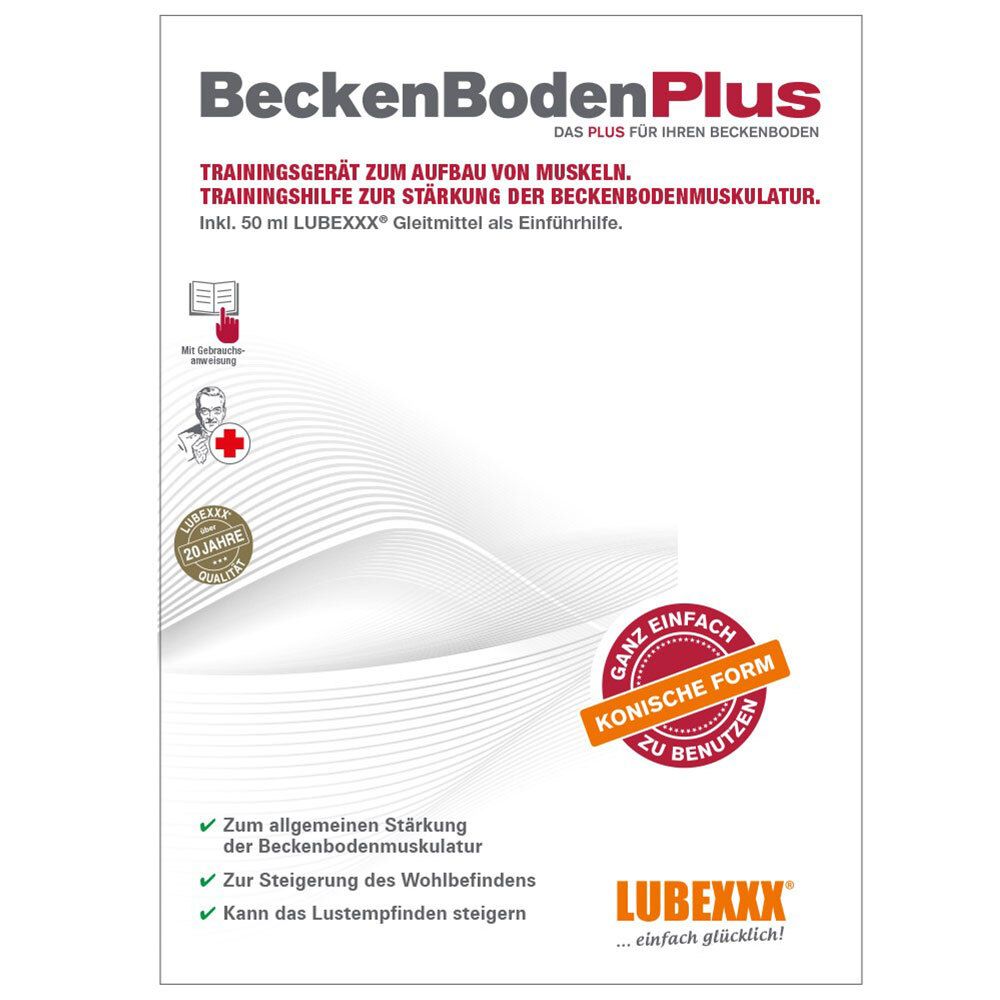Emballage BeckenBodenPlus. Texte : appareil d'entraînement, lubrifiant. Forme conique. Logo LUBEXXX. Certification.