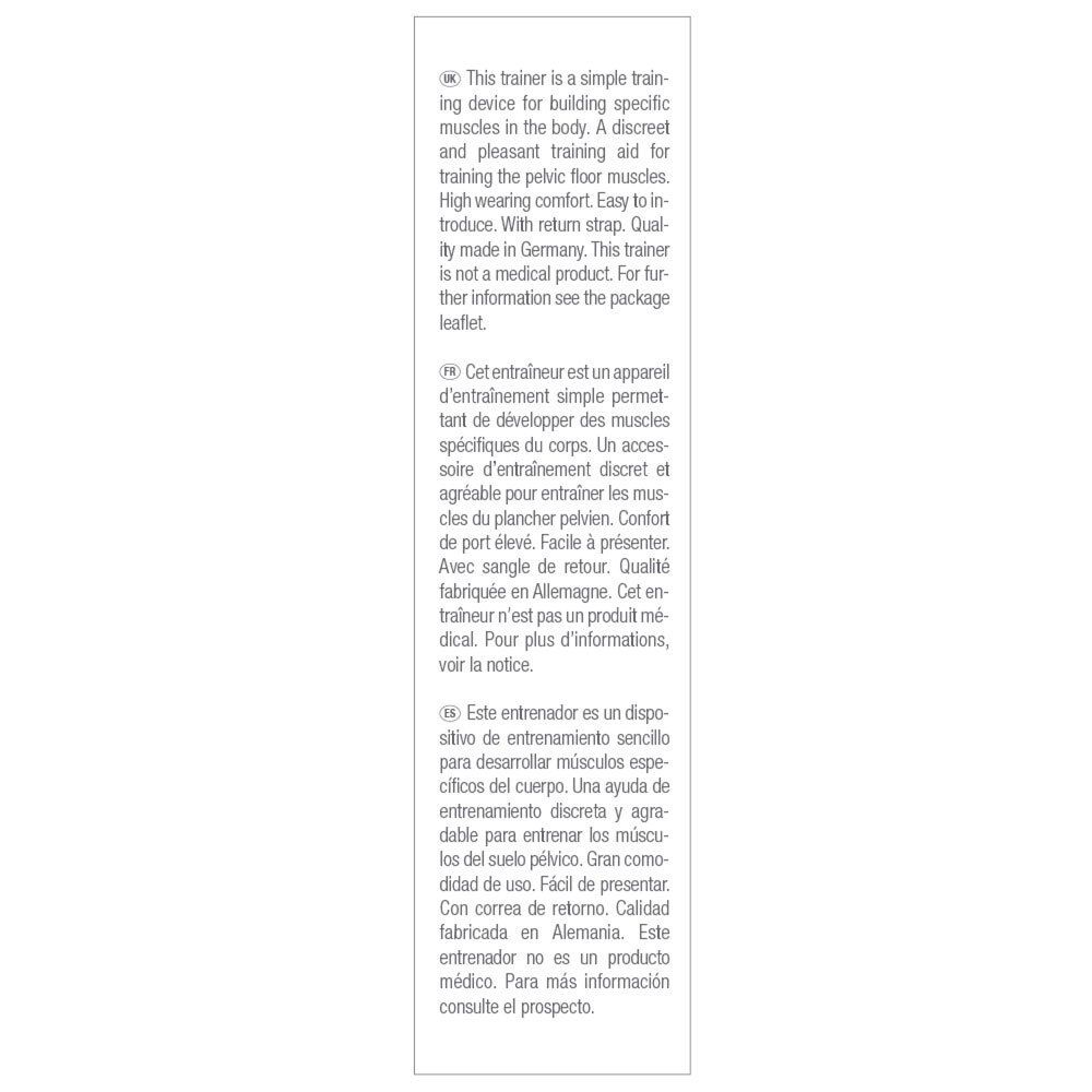 Texte sur fond blanc. Informations sur l'appareil d'entraînement du plancher pelvien en allemand, anglais, français, italien et espagnol.