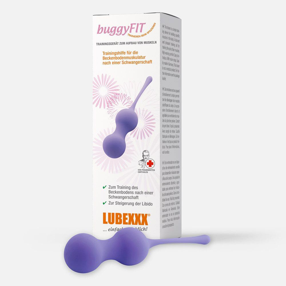 LUBEXXX, aide à l'entraînement du plancher pelvien, violet, avec emballage. Forme de boule avec poignée. Inscription : buggyFIT.