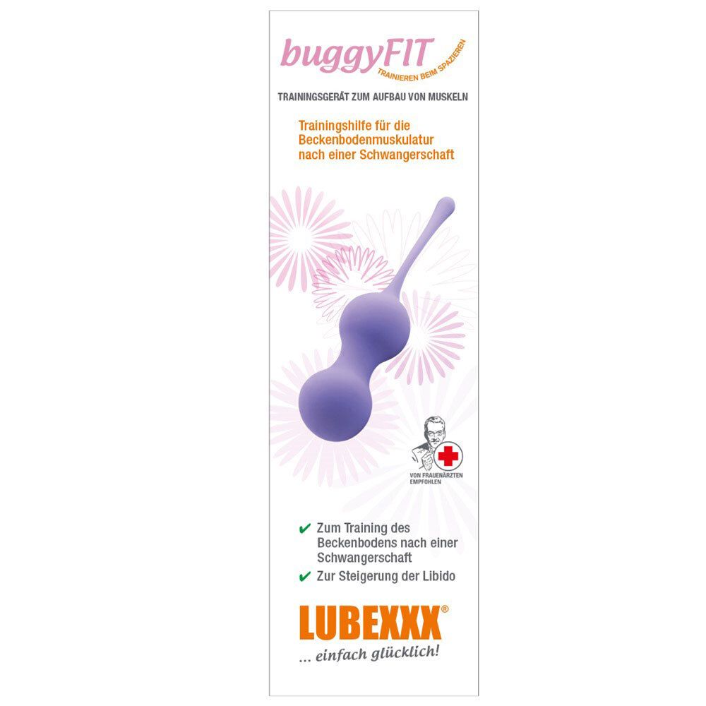 LUBEXXX, aide à l'entraînement du plancher pelvien, violet. Forme de boule avec poignée. Inscription : buggyFIT.