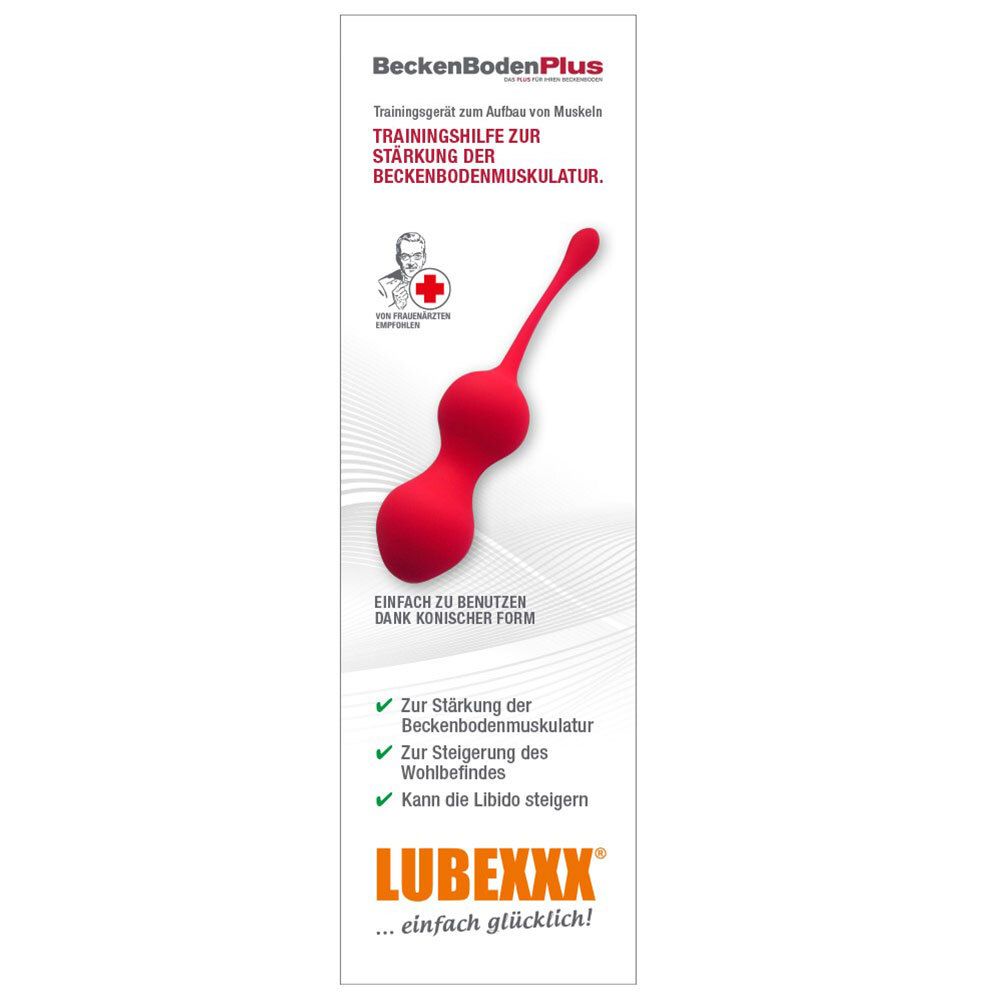 Design d'emballage fin. Appareil d'entraînement rouge, forme conique. Texte: BeckenBodenPlus, LUBEXXX.