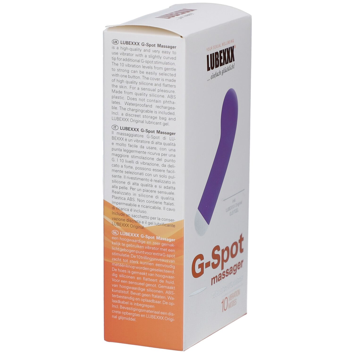 Boîte avec masseur G-Spot violet. Inscription: LUBEXXX, G-Spot massager, 10 modes de vibration. Texte multilingue.
