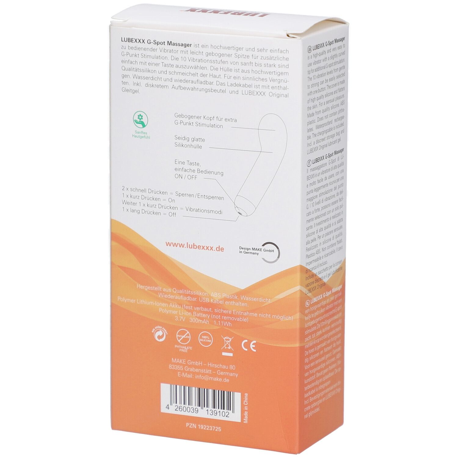 Dos de la boîte avec masseur G-Spot violet. Inscription: LUBEXXX, G-Spot massager. Texte et symboles.