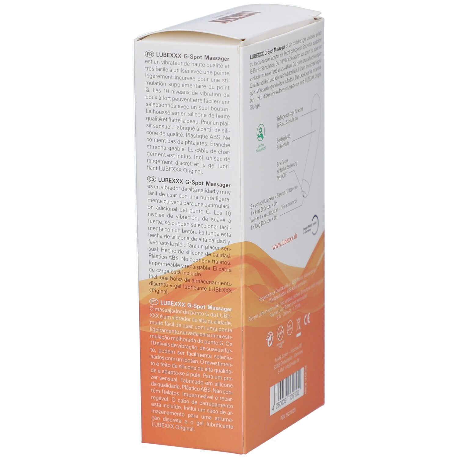 Boîte avec masseur G-Spot violet. Inscription: LUBEXXX, G-Spot massager. Texte multilingue.
