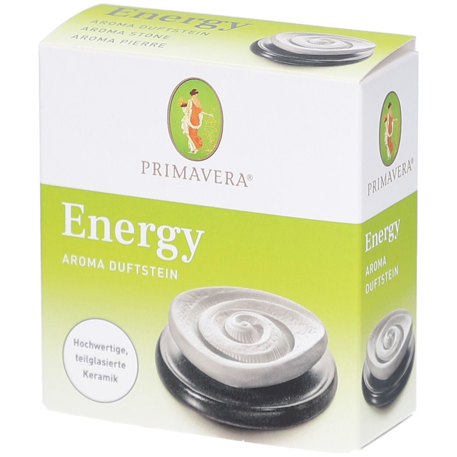 Boîte Primavera® Aroma Duftstein Energy. Boîte blanche et verte avec image du produit. Texte : Energy, Aroma Duftstein.