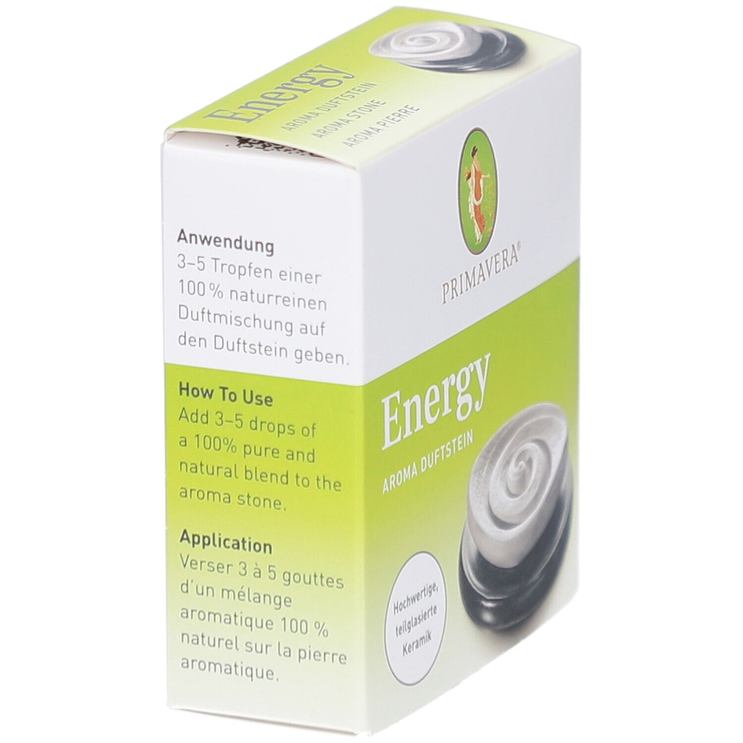 Boîte Primavera® Aroma Duftstein Energy. Texte : Anwendung, How to Use, Application. Image de la pierre aromatique.