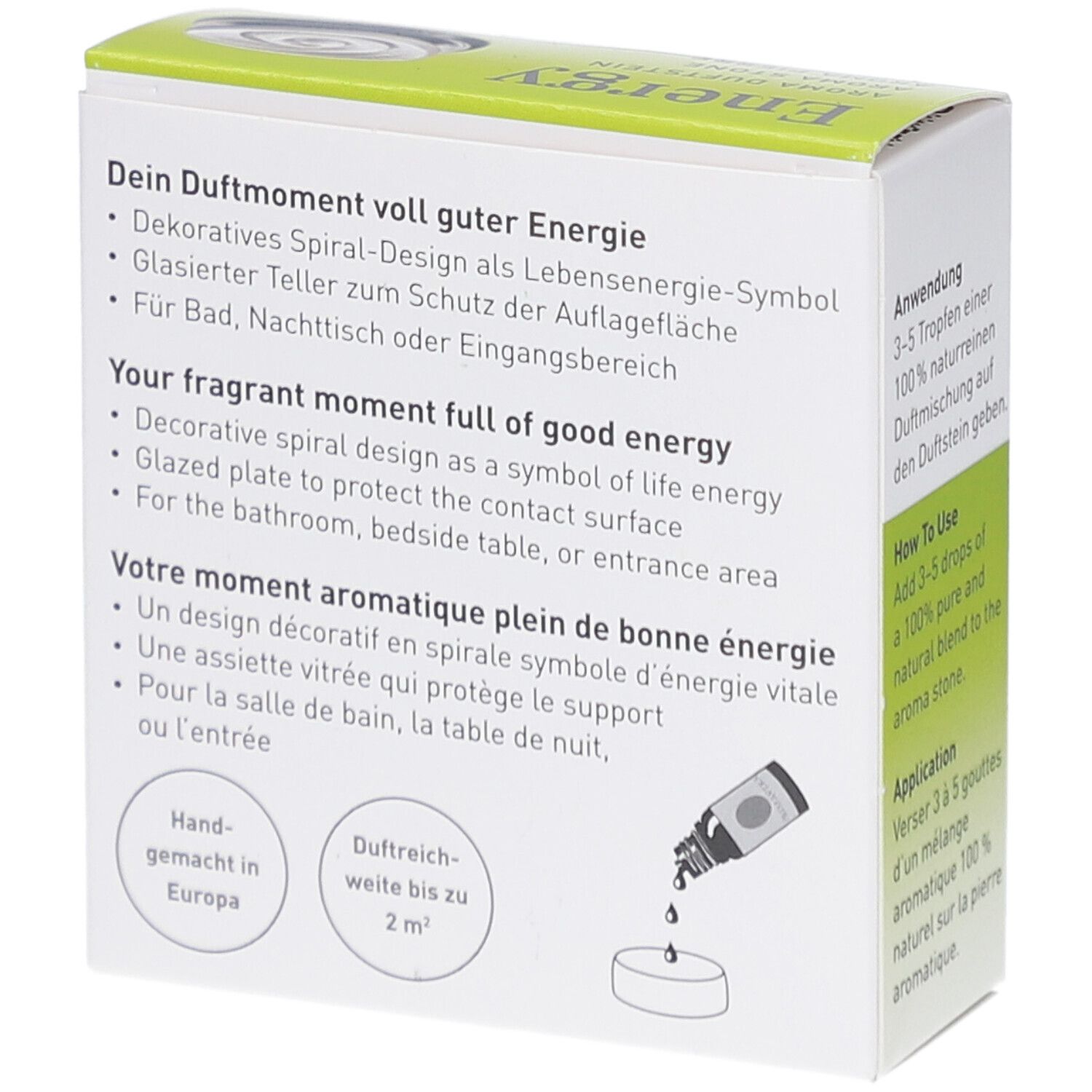 Boîte Primavera® Aroma Duftstein Energy. Texte : Votre moment aromatique plein de bonne énergie. Image : flacon d'huile et pierre.