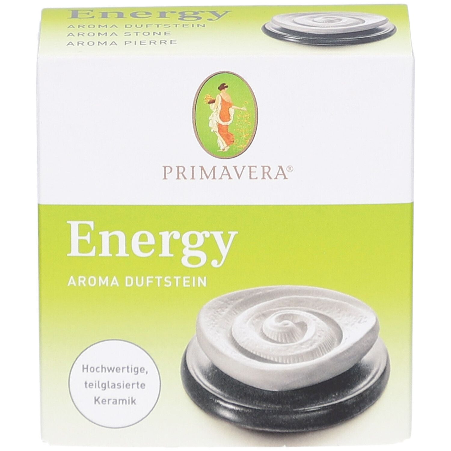 Boîte Primavera® Aroma Duftstein Energy. Vue de face. Texte : Energy, Aroma Duftstein. Image du produit.