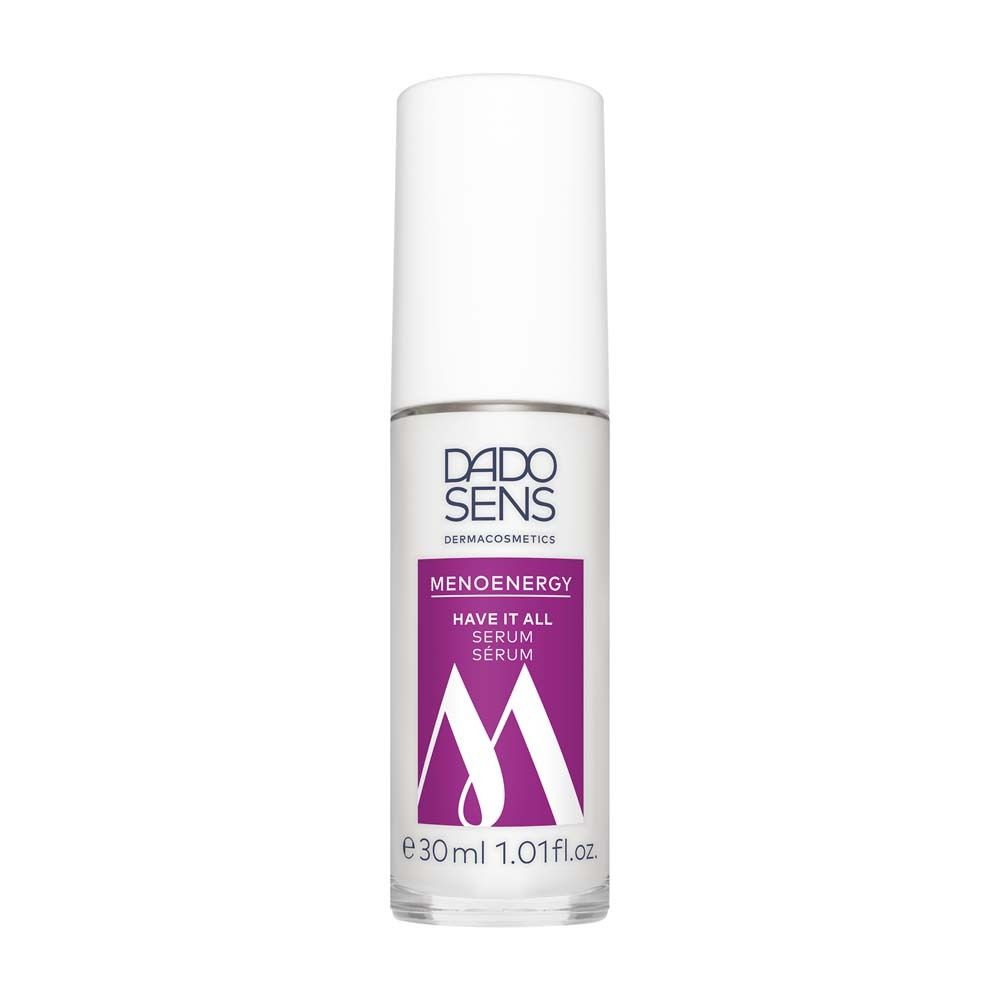 Flacon de sérum Dado Sens Menoenergy. Flacon blanc avec étiquette violette. Contient 30 ml.