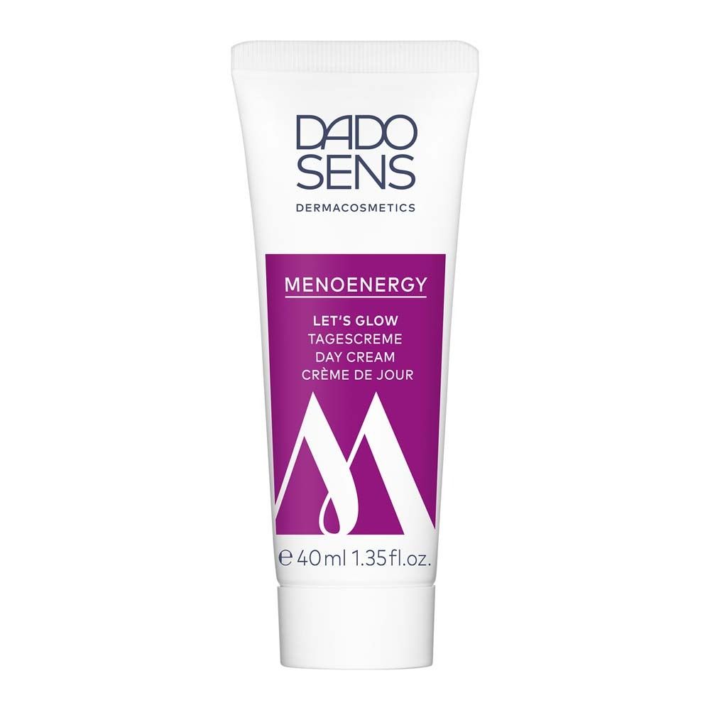 Tube blanche avec accents violets. Inscription: MENOENERGY, LET'S GLOW Day Cream. 40ml.