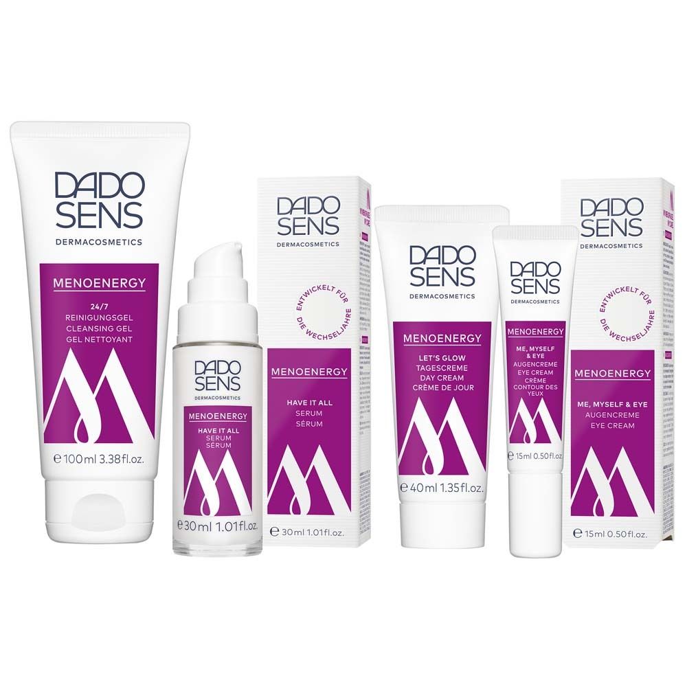 Divers produits DADO SENS. Produits : gel nettoyant, sérum, crème de jour, crème pour les yeux. Emballage : boîtes et tubes.