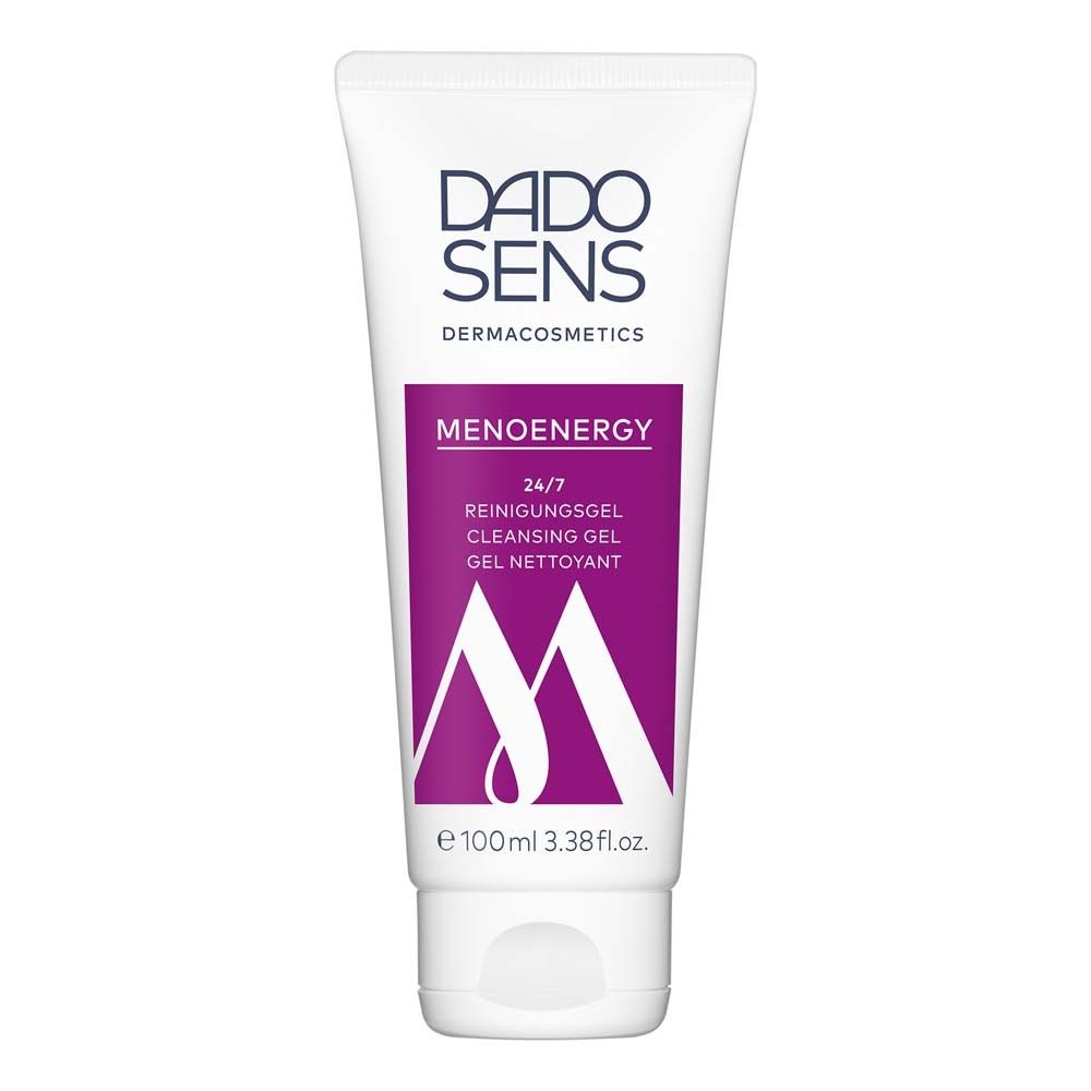 Tube blanche, impression violette. Contient un gel nettoyant. Marque : DADO SENS. Texte : Menoenergy.