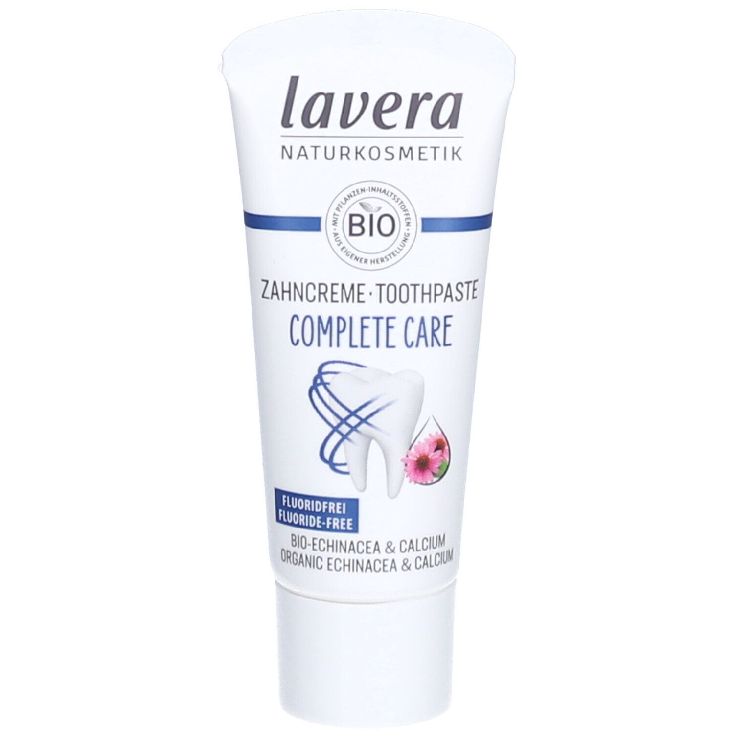 Tube de dentifrice Lavera Complete Care, sans fluor, à l'échinacée bio et calcium.