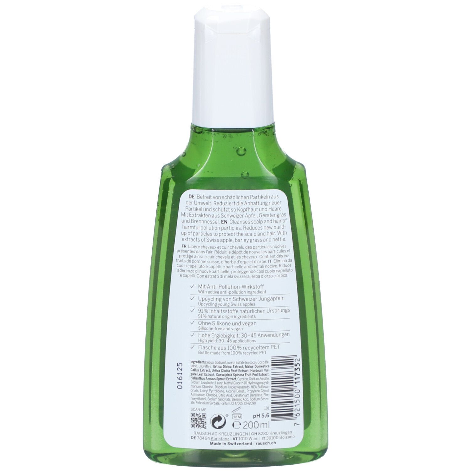 Dos du flacon vert de shampooing RAUSCH Anti-Pollution. Bouchon blanc. Étiquette avec texte et informations.