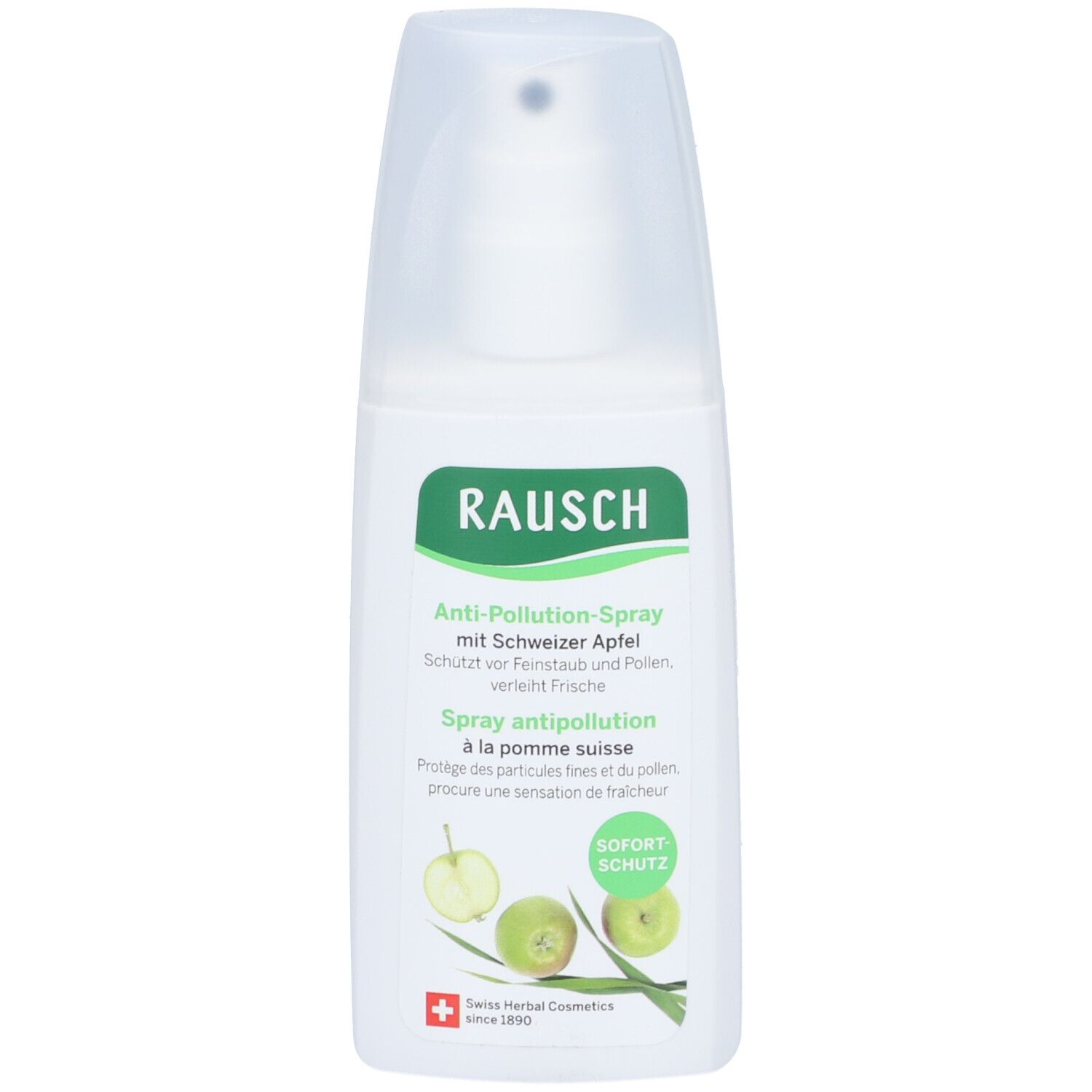 Spray blanc avec étiquette verte. Inscription: RAUSCH Anti-Pollution-Spray. Illustration de pommes. Bouchon transparent.
