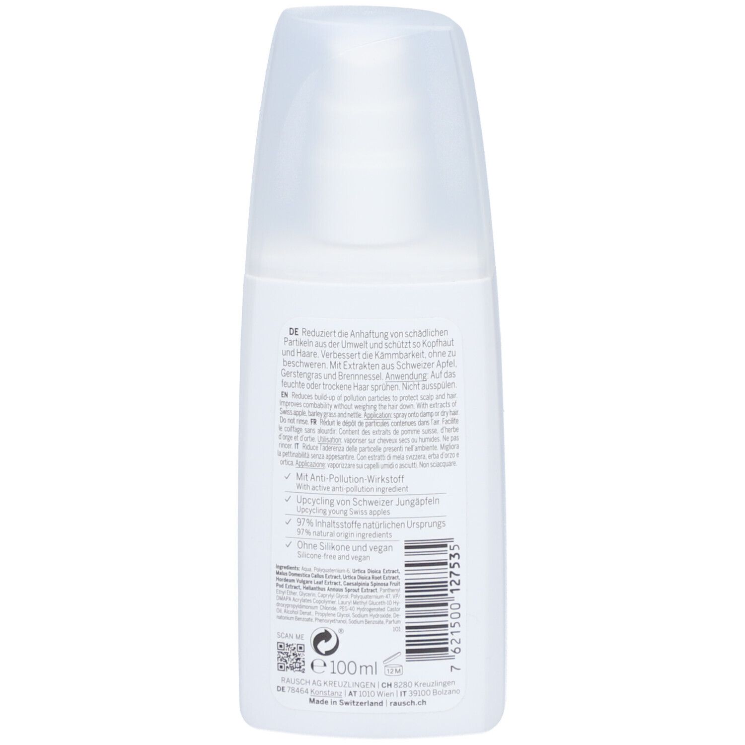 Dos du flacon de spray blanc. Texte en allemand. Inscription: 100ml.