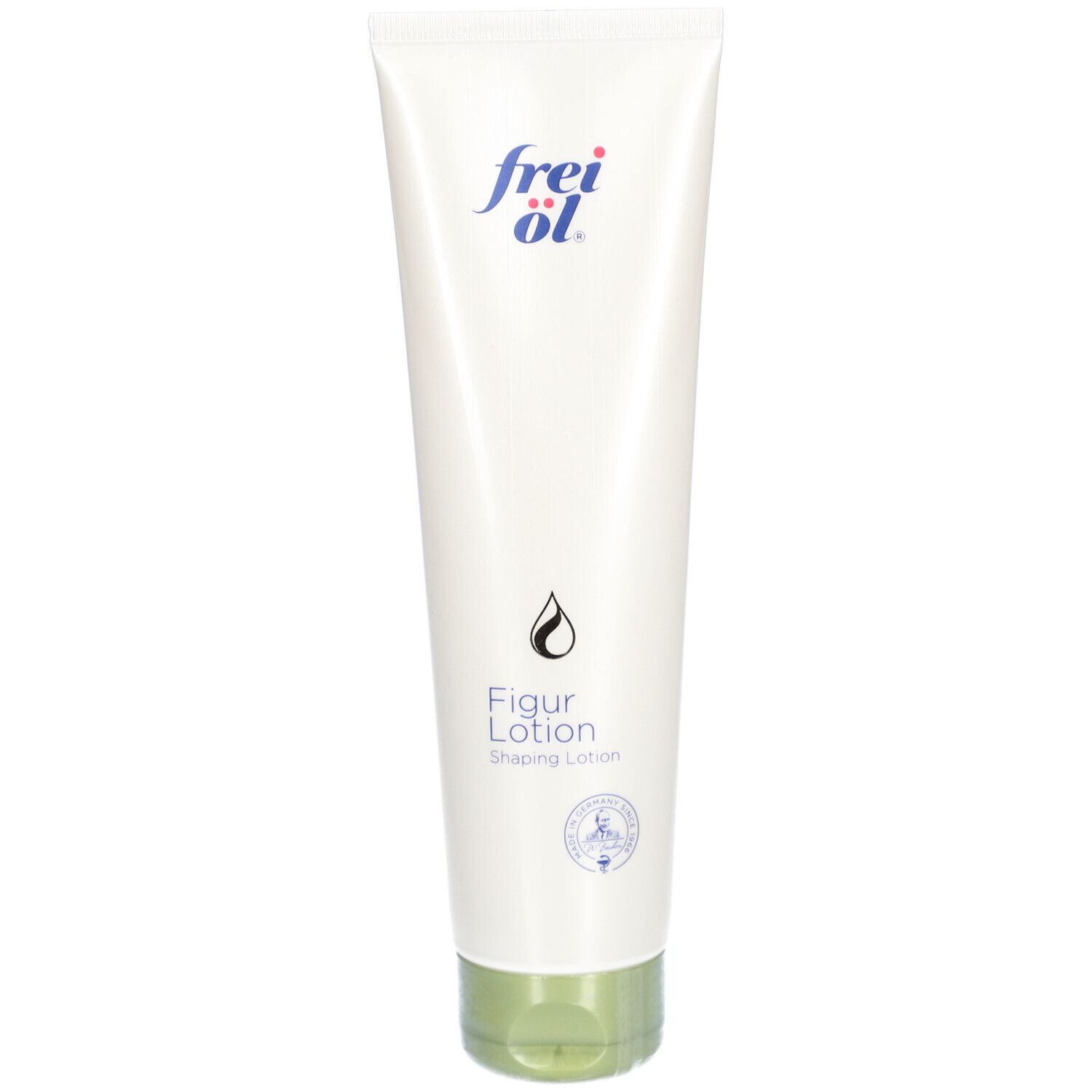 Tube blanche avec bouchon vert. Inscription : frei öl, Figur Lotion, Shaping Lotion. Symbole goutte.