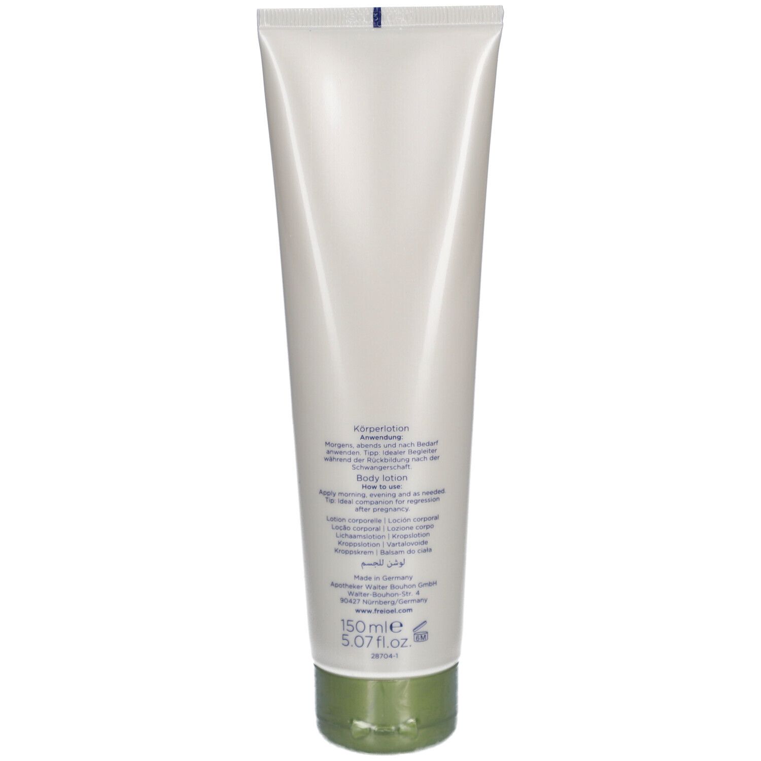 Dos du tube. Texte multilingue. Bouchon vert. Inscription : Body lotion.