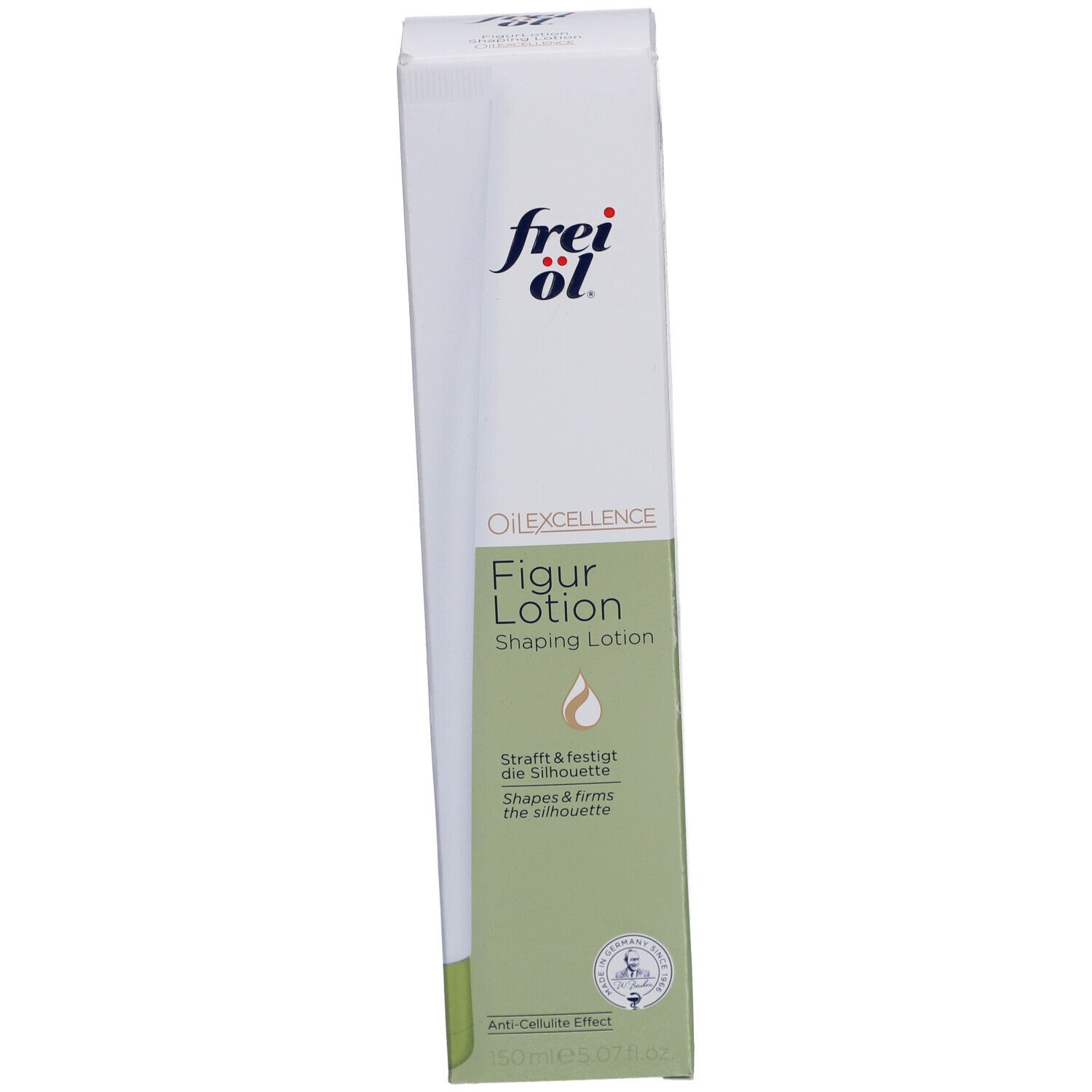Boîte avec nom du produit. Inscription : frei öl, Figur Lotion, Shaping Lotion. Vert et blanc.