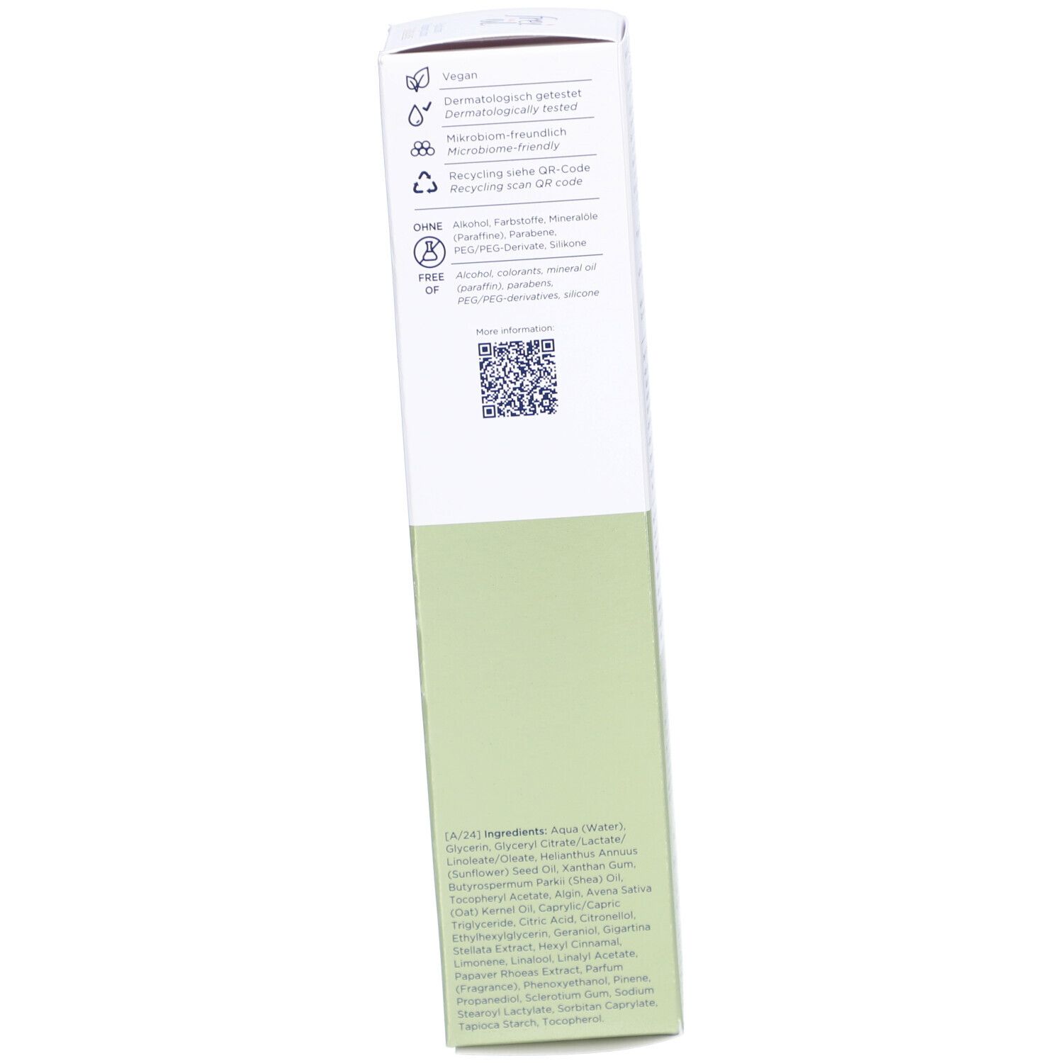 Boîte avec texte. Ingrédients, code QR, logos. Vert et blanc.