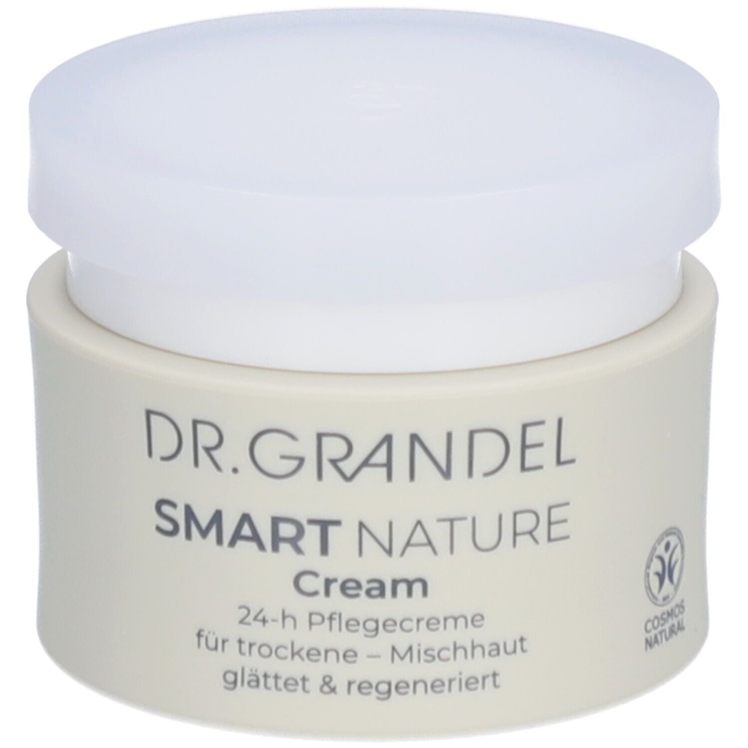 Pot de crème avec couvercle blanc. Inscription: DR. GRANDEL SMART NATURE Cream. 24-h Pflegecreme. Label COSMOS NATURAL.