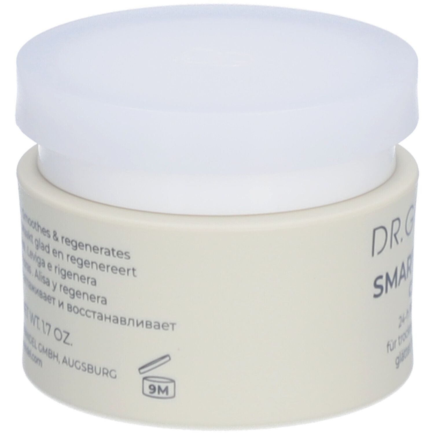 Pot de crème avec couvercle blanc. Inscription: DR. GRANDEL SMART NATURE Cream. Texte en plusieurs langues. Symbole 9M.