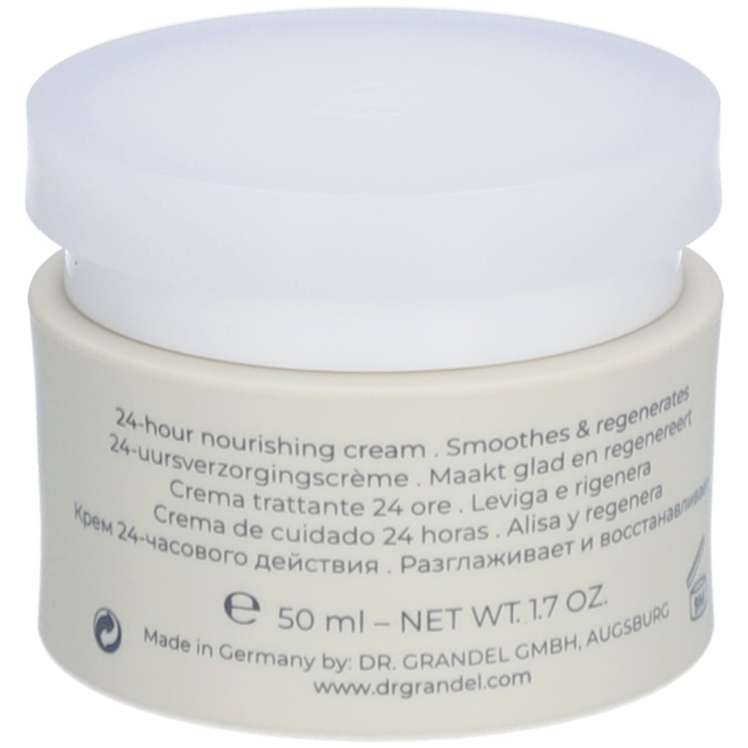 Pot de crème avec couvercle blanc. Inscription: DR. GRANDEL SMART NATURE Cream. Texte multilingue. 50 ml, 1.7 OZ.