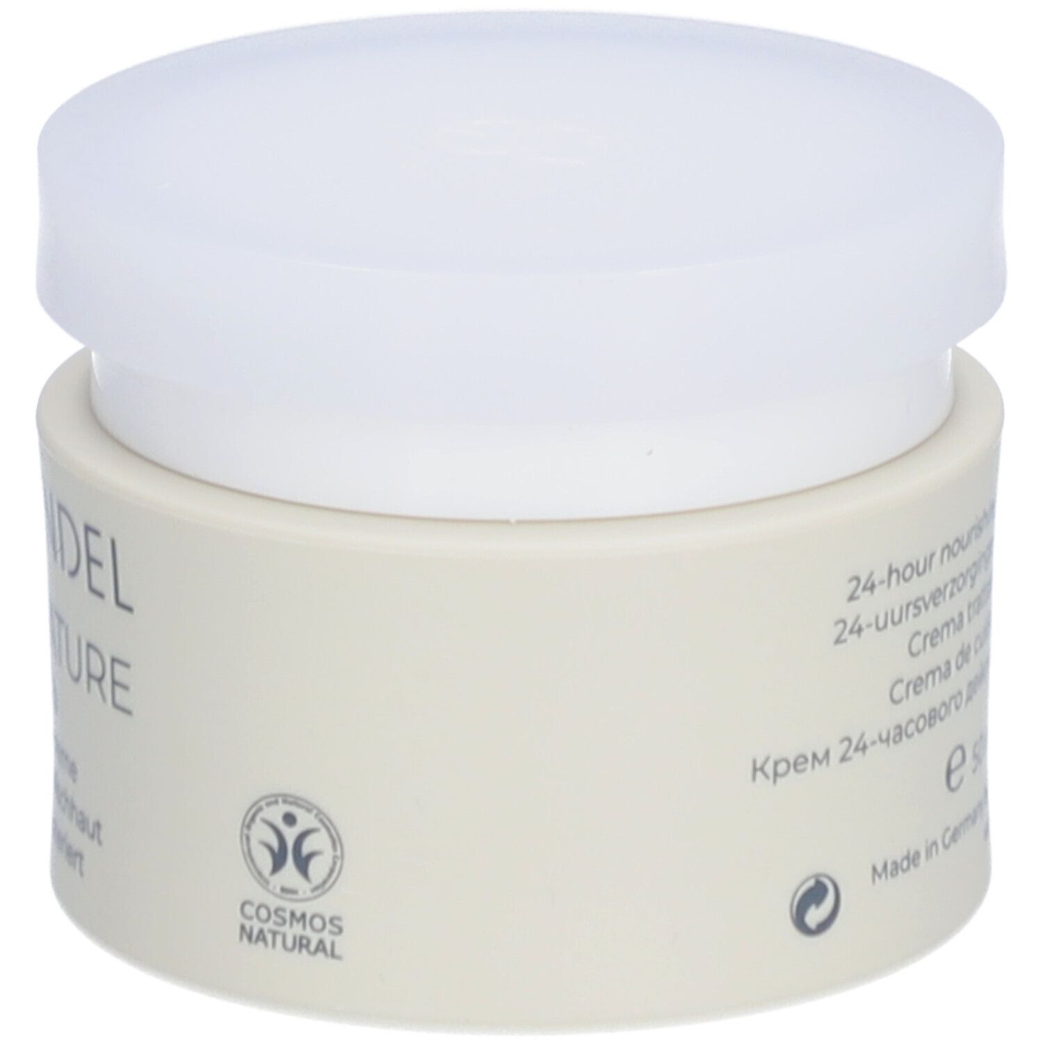 Pot de crème avec couvercle blanc. Inscription: DR. GRANDEL SMART NATURE Cream. Label COSMOS NATURAL. Fabriqué en Allemagne.