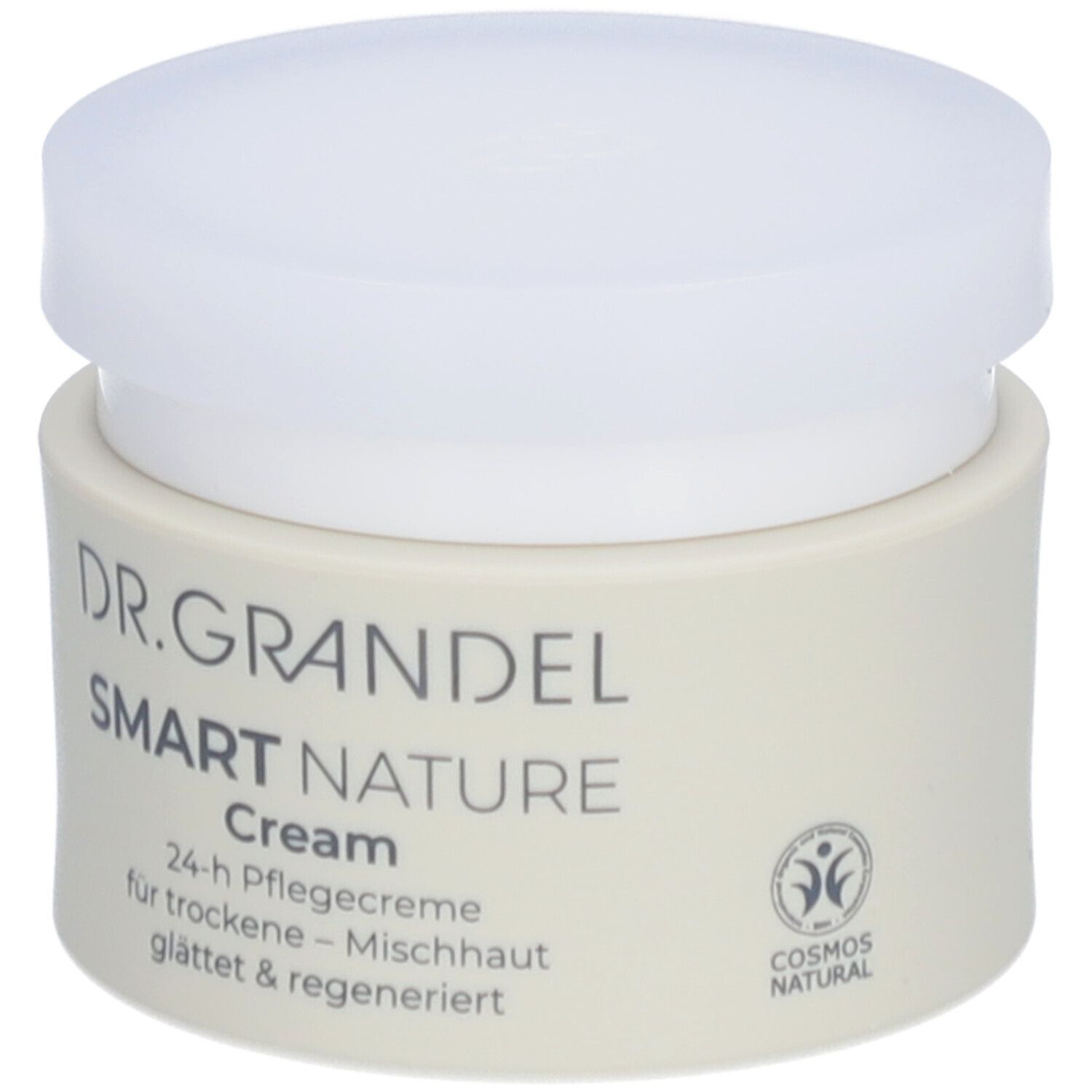 Pot de crème avec couvercle blanc. Inscription: DR. GRANDEL SMART NATURE Cream. 24-h Pflegecreme. Label COSMOS NATURAL.