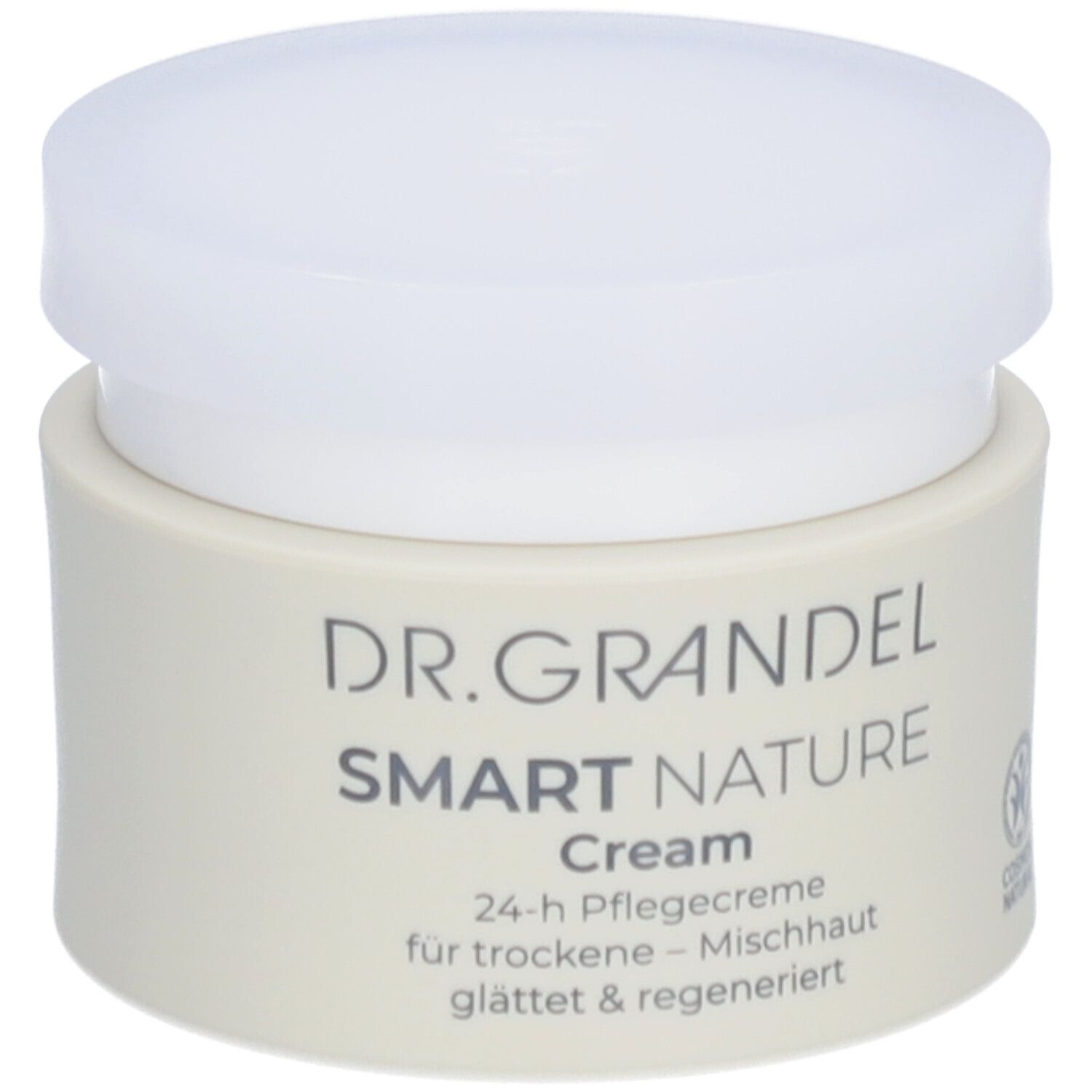 Pot de crème avec couvercle blanc. Inscription: DR. GRANDEL SMART NATURE Cream. 24-h Pflegecreme. Label COSMOS NATURAL.