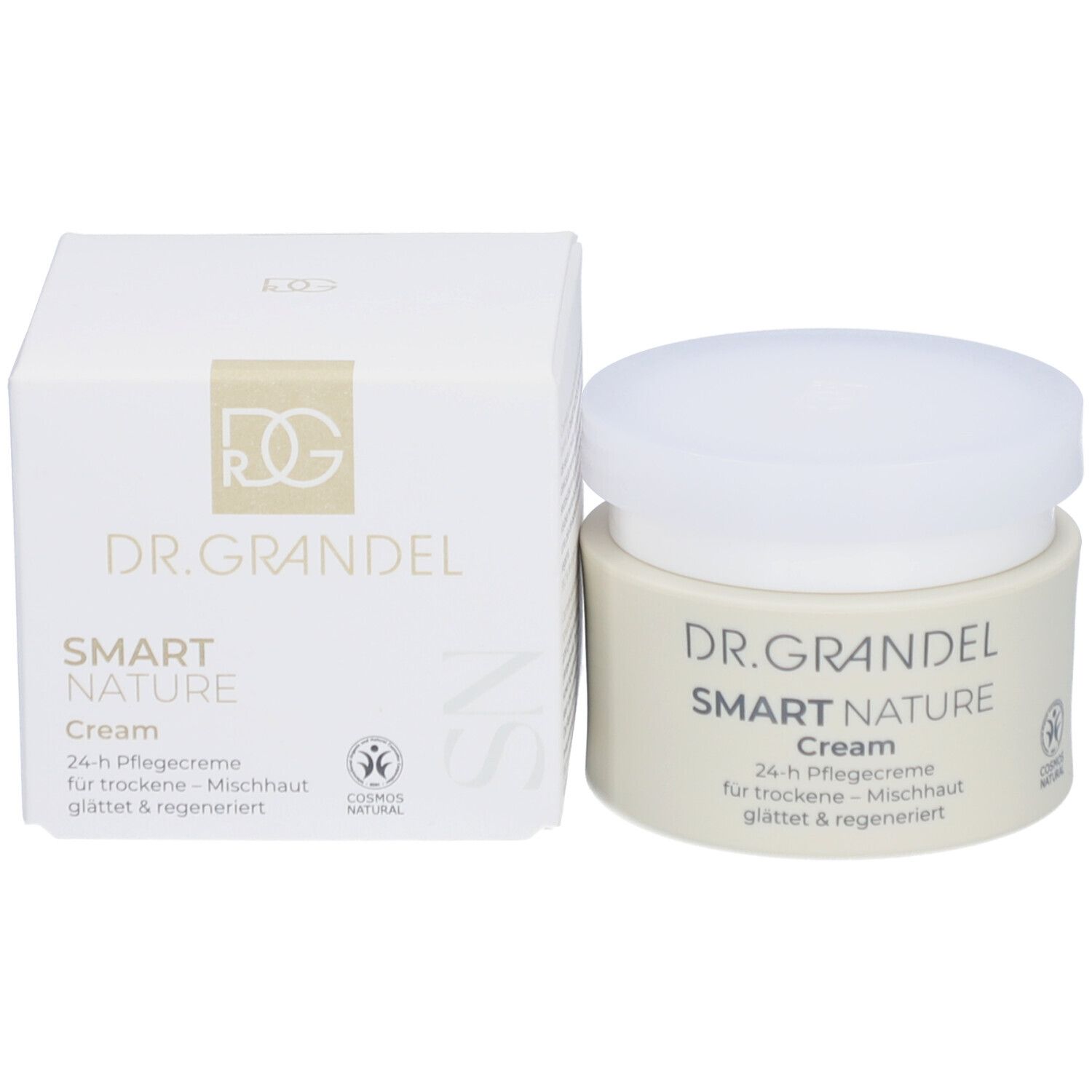 Pot de crème et carton. Inscription: DR. GRANDEL SMART NATURE Cream. 24-h Pflegecreme. Label COSMOS NATURAL.
