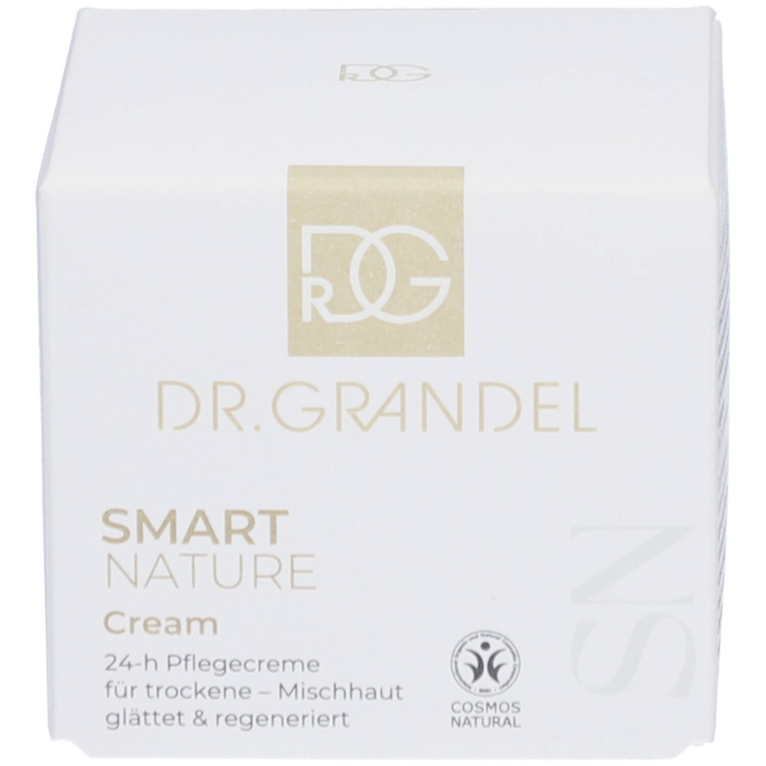 Boîte avec inscription: DR. GRANDEL SMART NATURE Cream. 24-h Pflegecreme. Label COSMOS NATURAL.