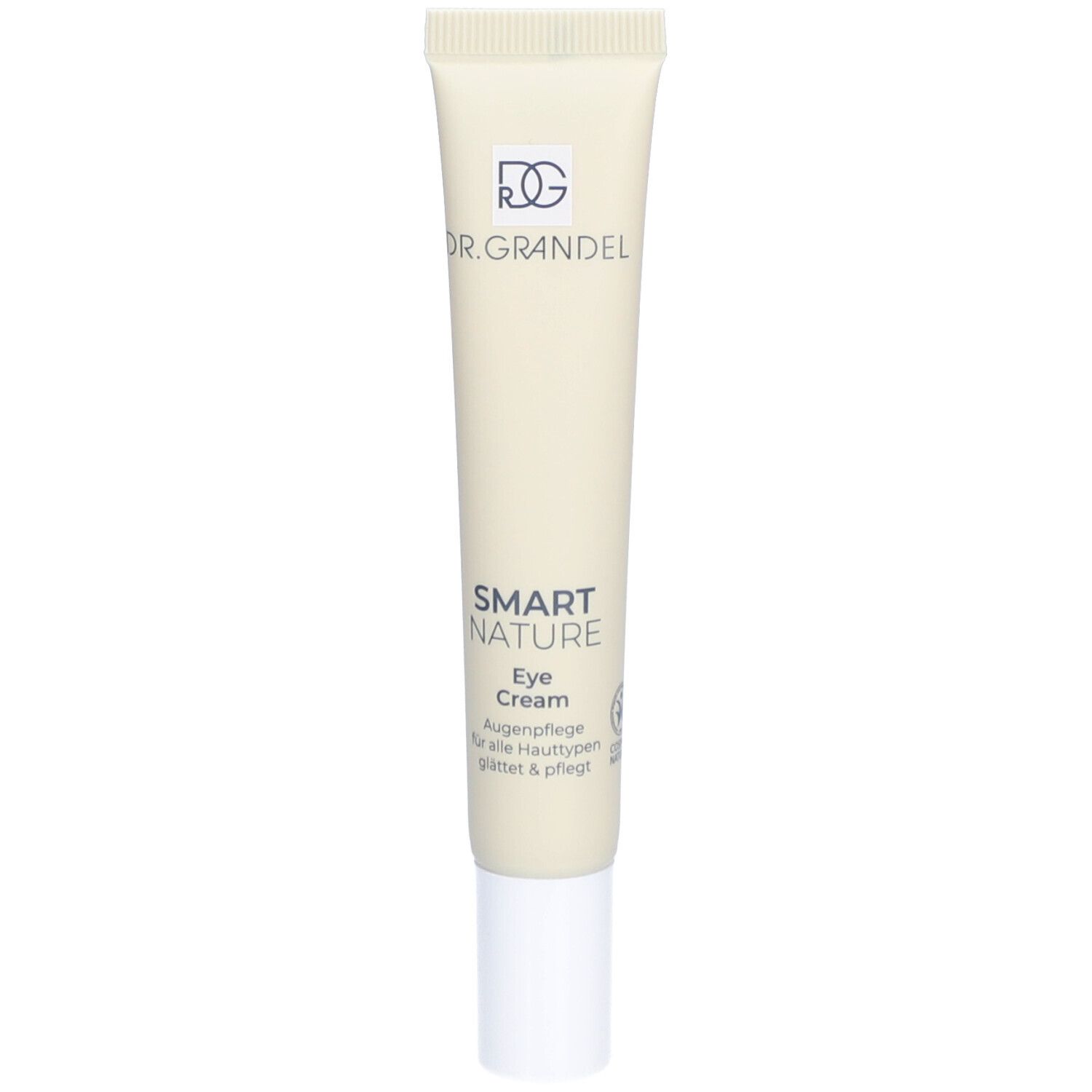 Tube de crème beige avec bouchon blanc. Logo et texte "DR. GRANDEL" et "SMART NATURE Eye Cream".