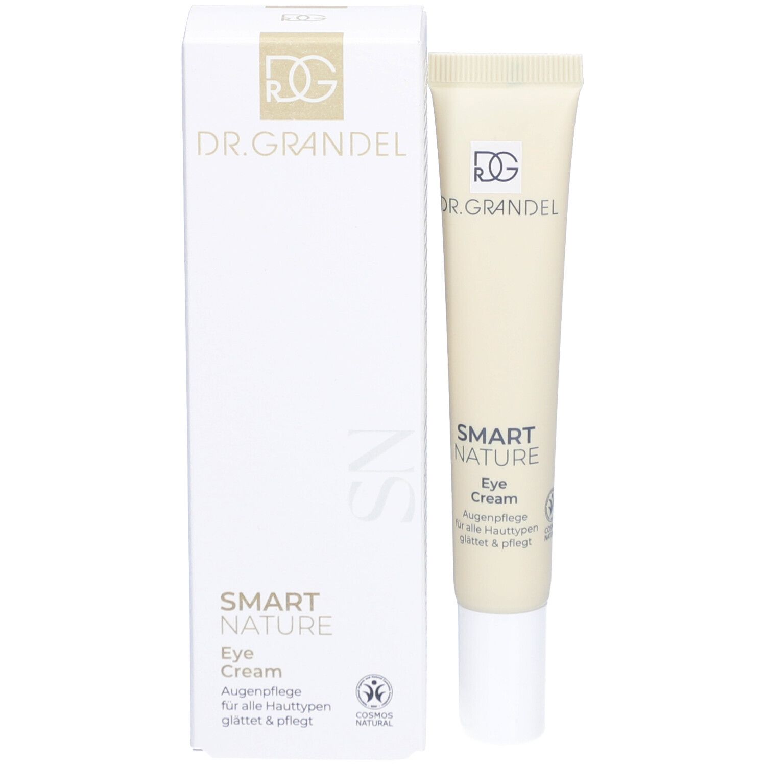 Emballage du produit. Tube et boîte. Tube : beige avec bouchon blanc. Boîte : blanche avec logo et nom du produit.