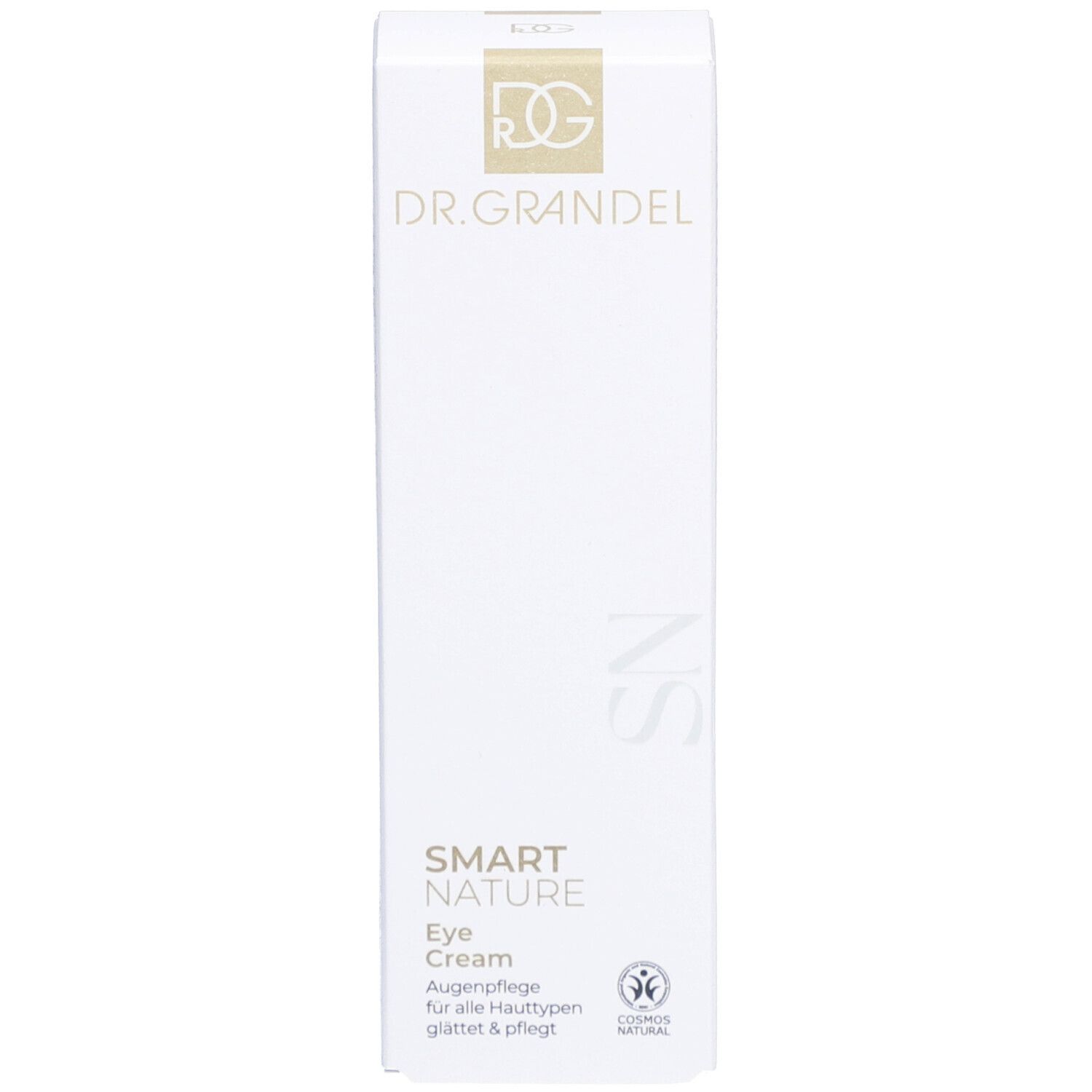 Boîte blanche. Logo et nom du produit "SMART NATURE Eye Cream". Texte : Soin des yeux pour tous types de peau.