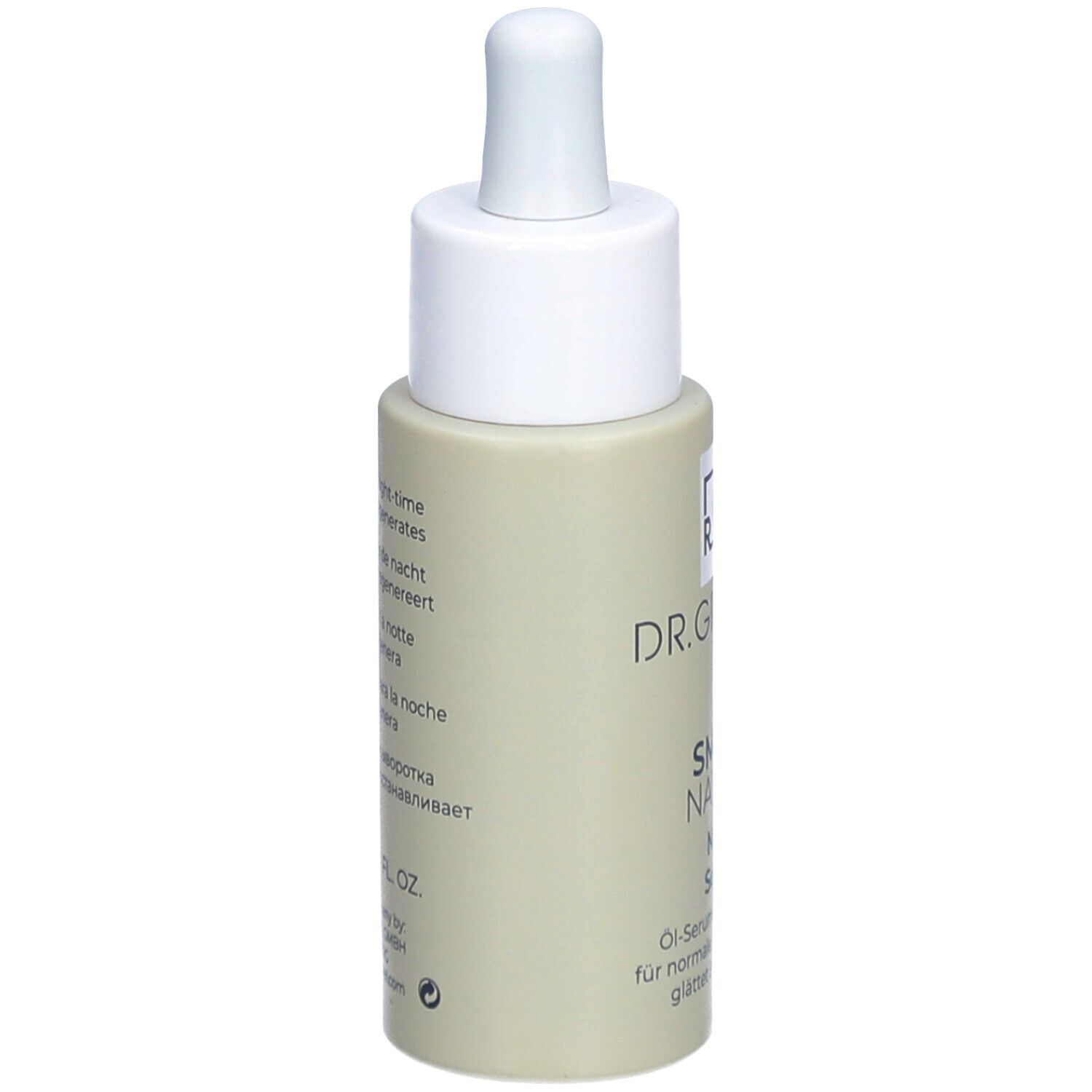 Dos du flacon de sérum. Texte: DR. GRANDEL, SMART NATURE Night Serum. Pour peaux normales à sèches. Ingrédients.