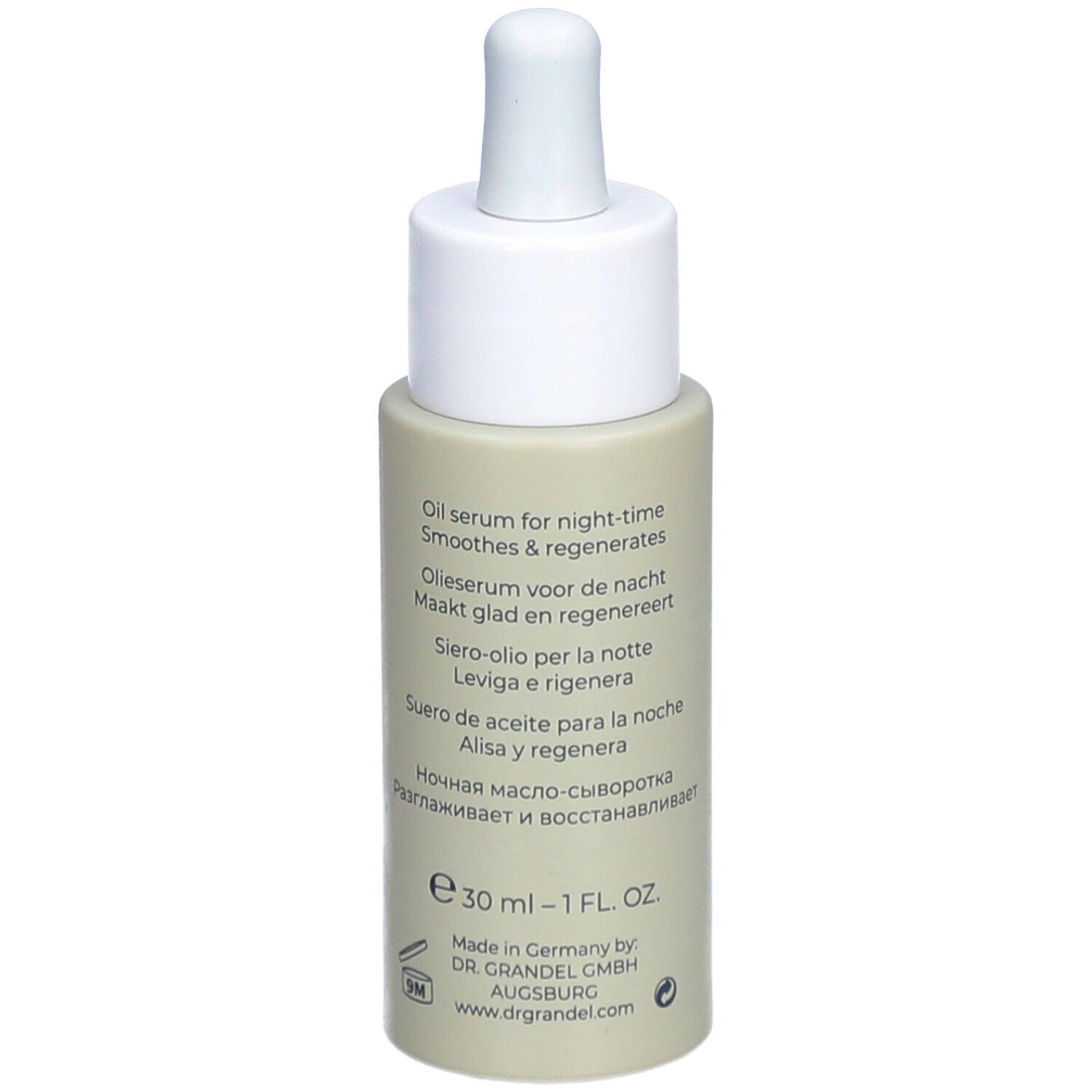 Dos du flacon de sérum. Texte: DR. GRANDEL, SMART NATURE Night Serum. 30 ml. Fabriqué en Allemagne.