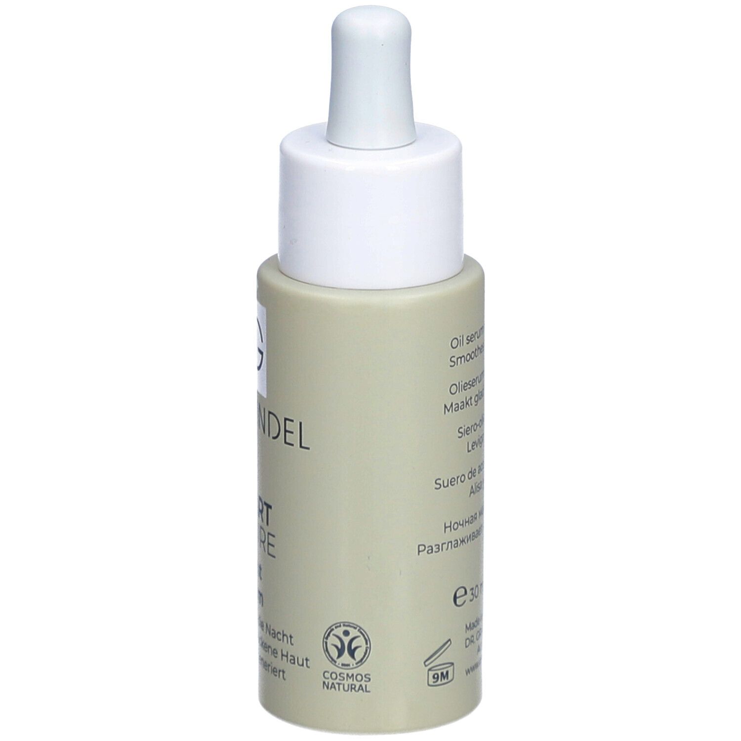Flacon de sérum avec pipette. Inscription: DR. GRANDEL, SMART NATURE Night Serum. Certification COSMOS NATURAL.