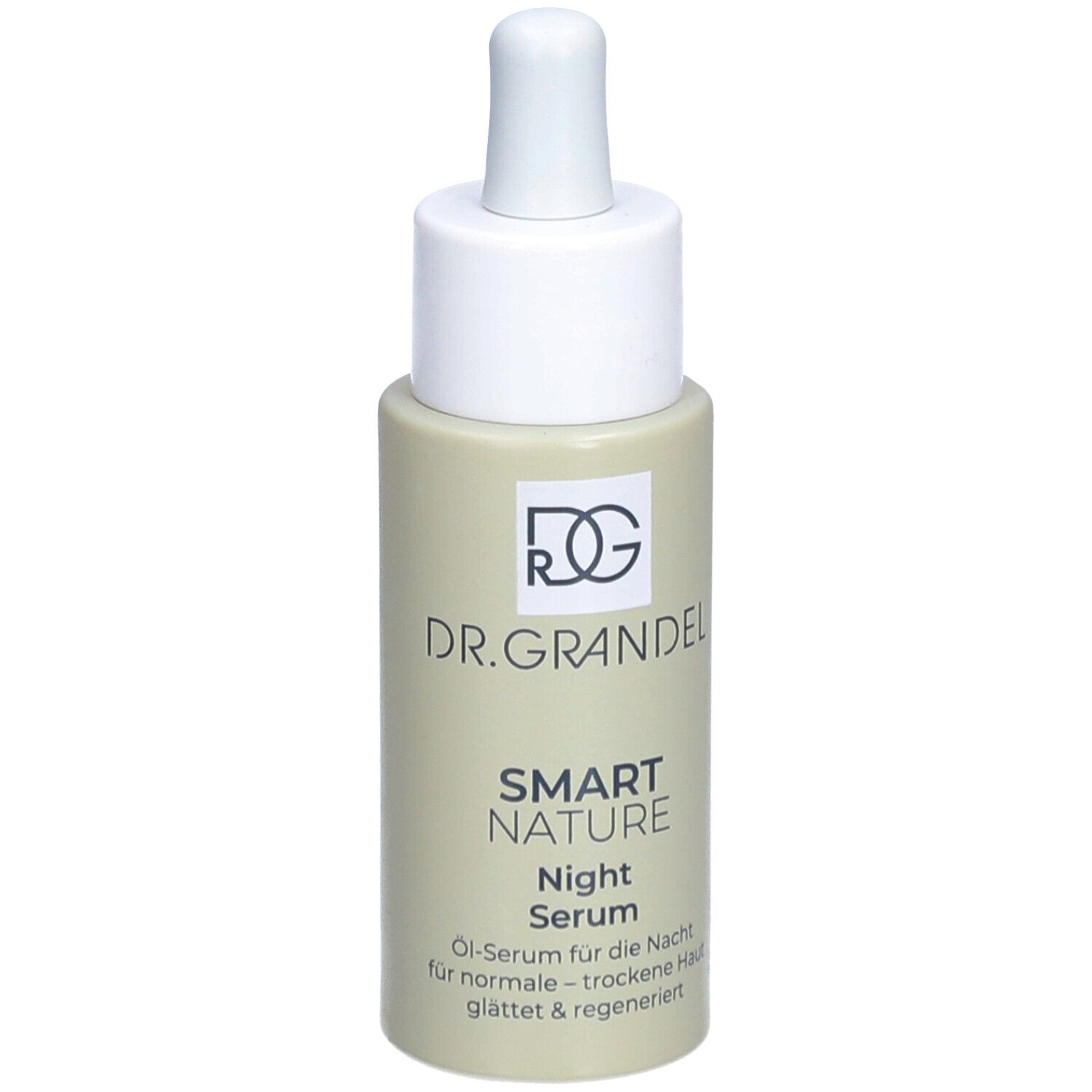 Flacon de sérum avec pipette. Inscription: DR. GRANDEL, SMART NATURE Night Serum. Certification COSMOS NATURAL.
