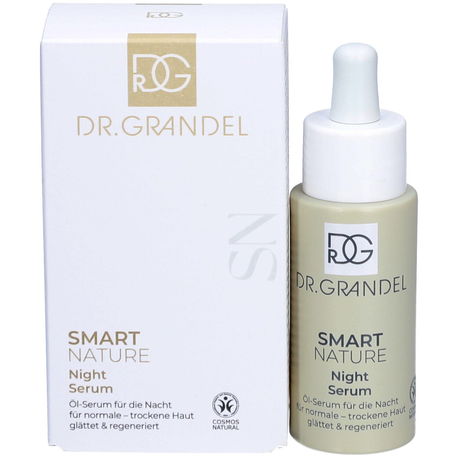 Flacon de sérum et emballage. Inscription: DR. GRANDEL, SMART NATURE Night Serum. Certification COSMOS NATURAL.