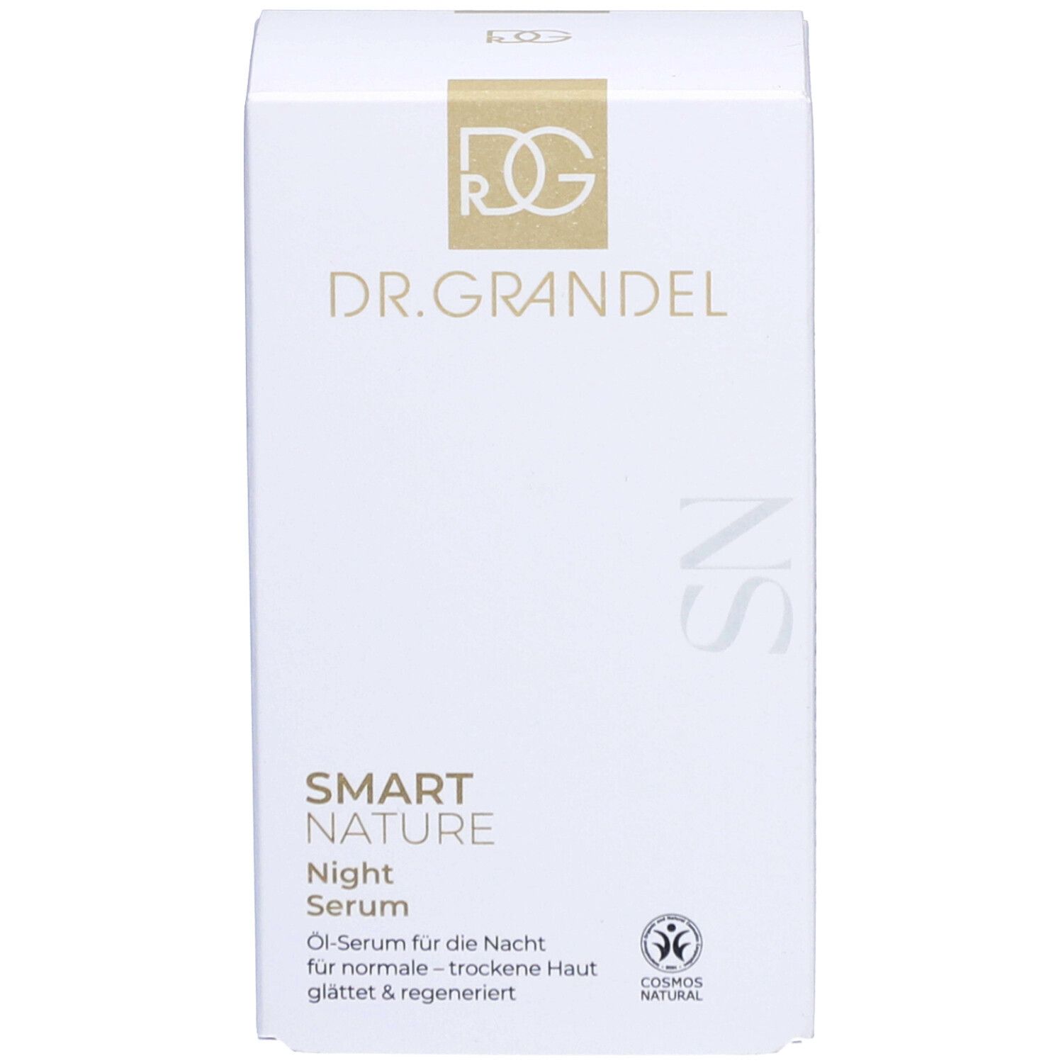 Emballage. Inscription: DR. GRANDEL, SMART NATURE Night Serum. Certification COSMOS NATURAL.
