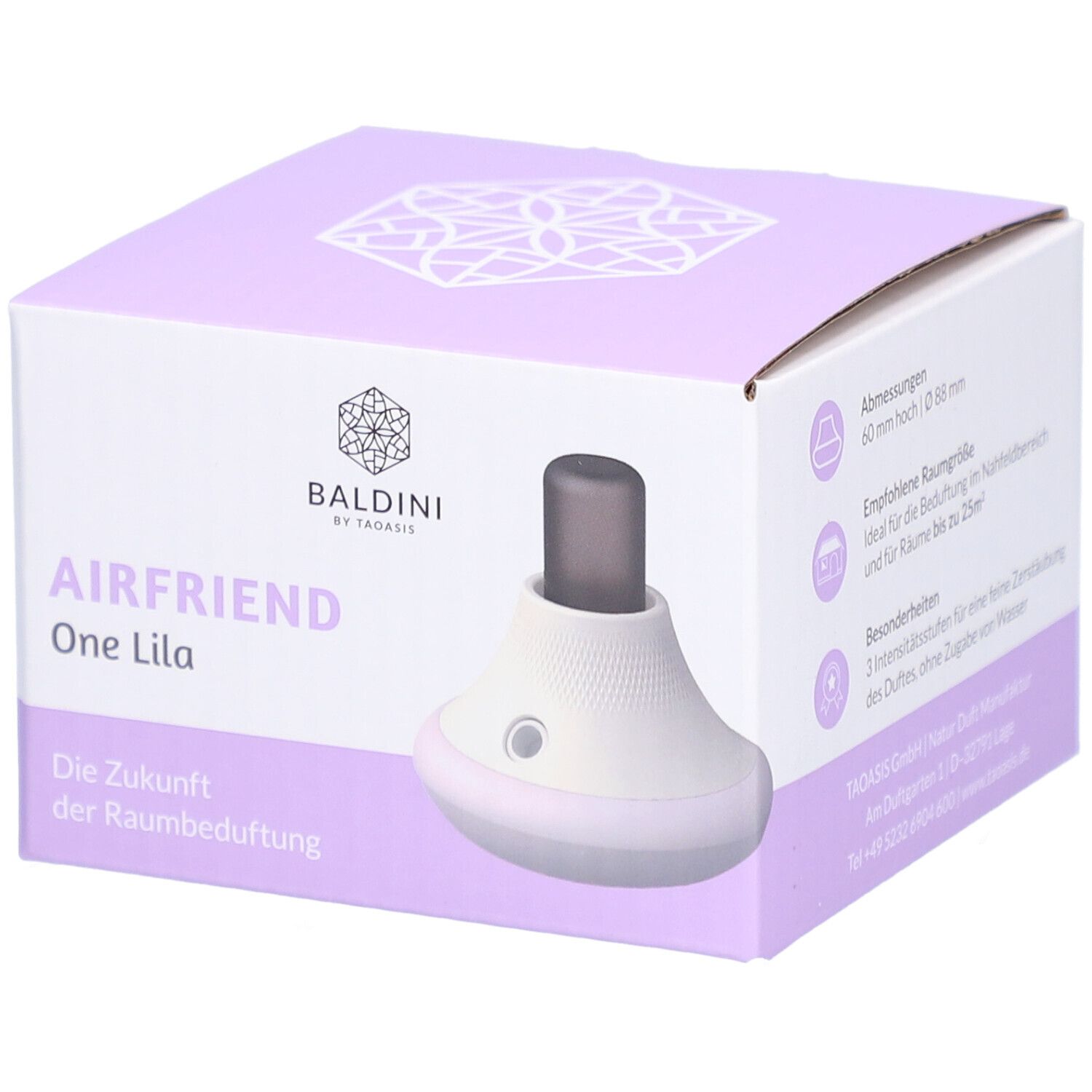 Baldini AirFriend One Lila, diffuseur d'arômes mobile, en emballage. Boîte blanche et lilas avec image du produit.