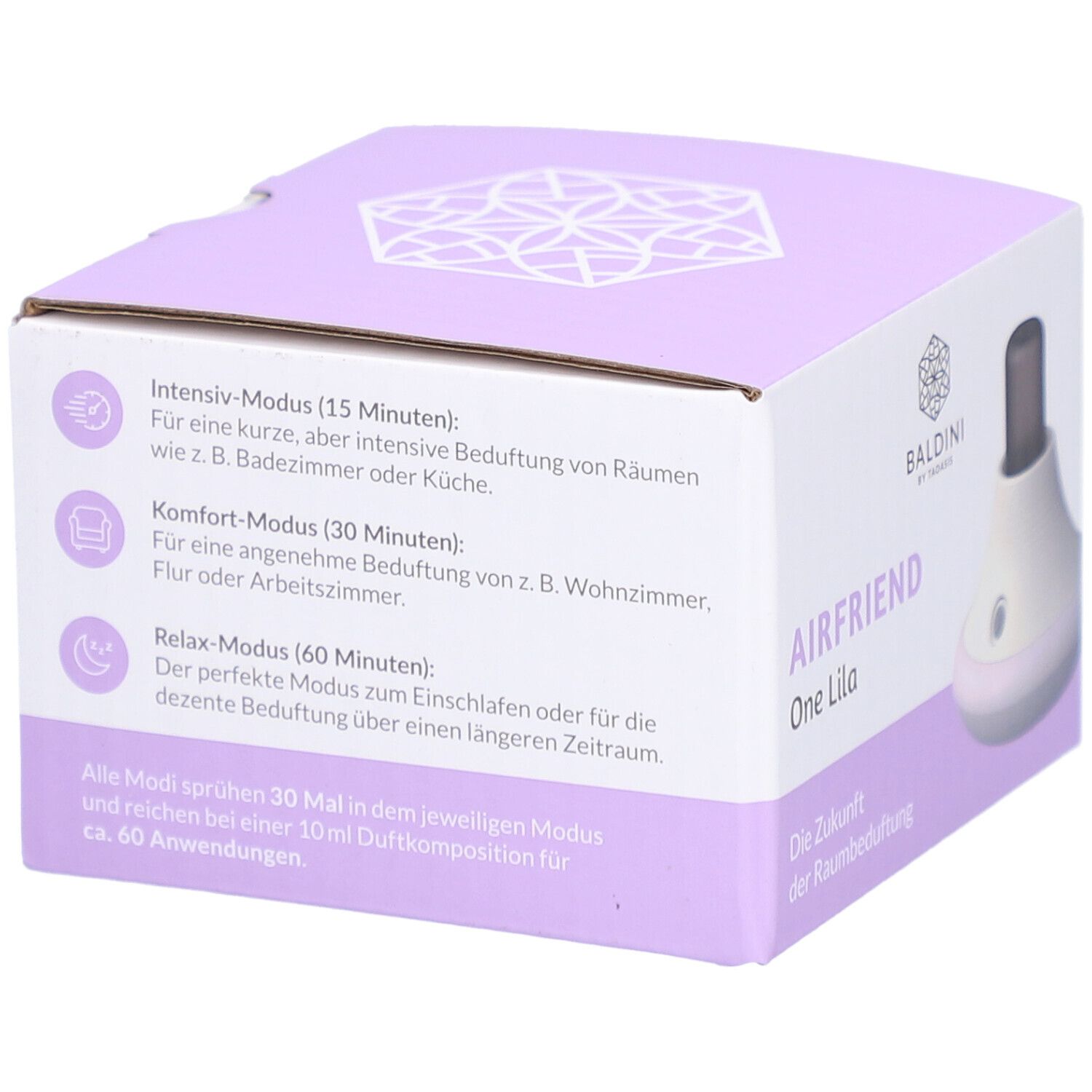 Emballage du Baldini AirFriend One Lila. Texte avec informations sur les modes : Intensif, Confort, Relax.
